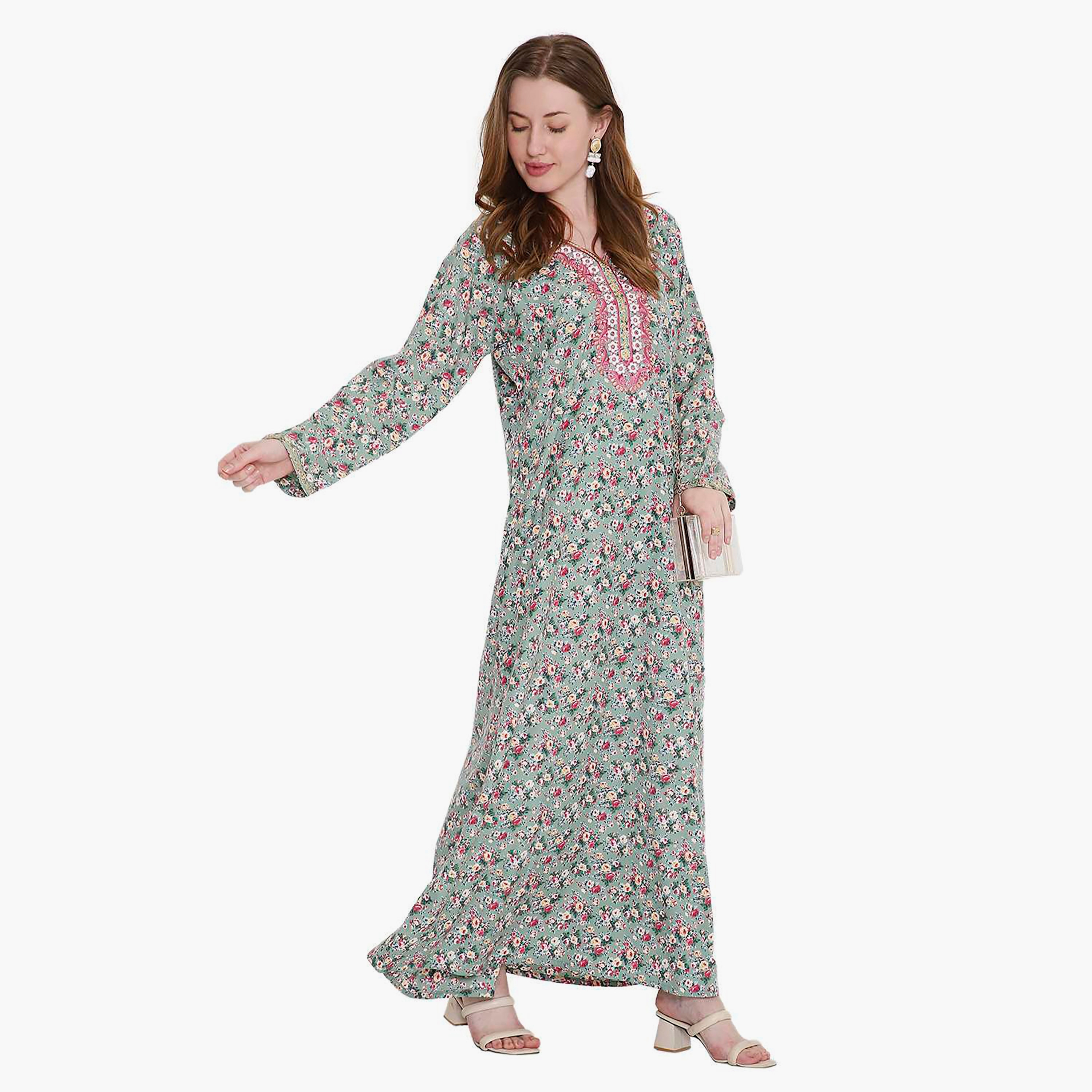 جلابية نسائية متناثرة بطبعة زهور ومطرزة من هانا اند سارة-women-arabicclothing-jalabiyas-image-4
