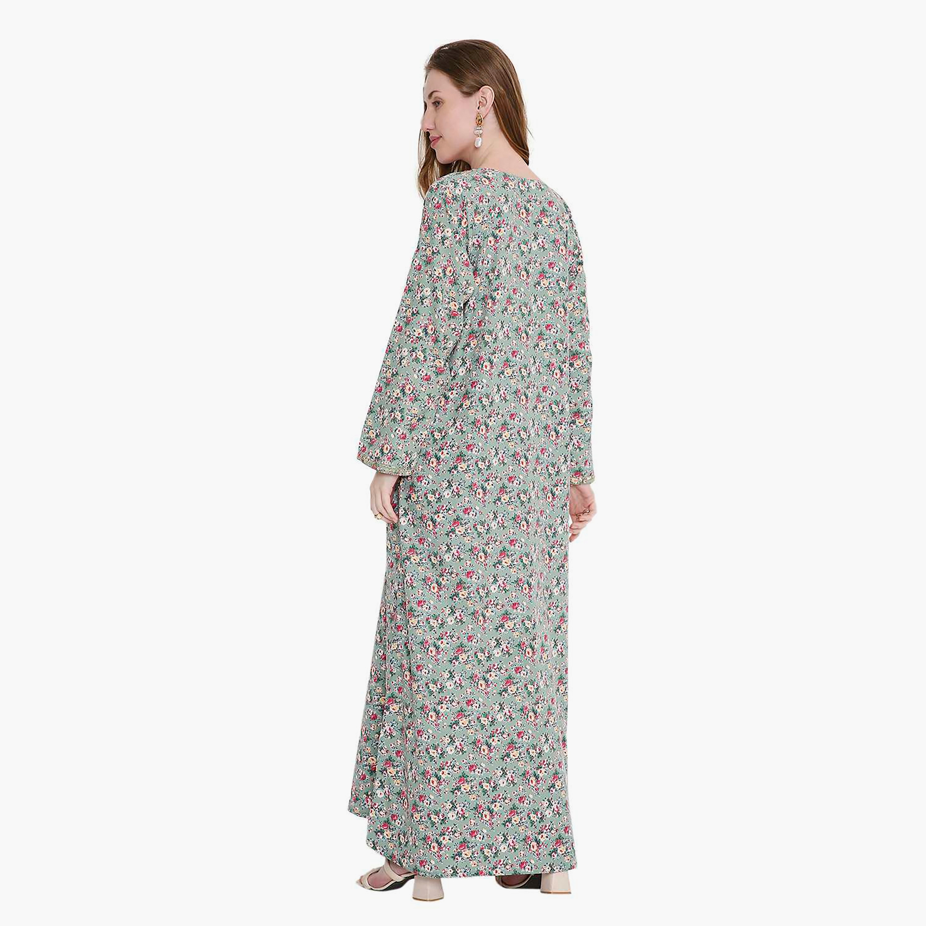 جلابية نسائية متناثرة بطبعة زهور ومطرزة من هانا اند سارة-women-arabicclothing-jalabiyas-image-5