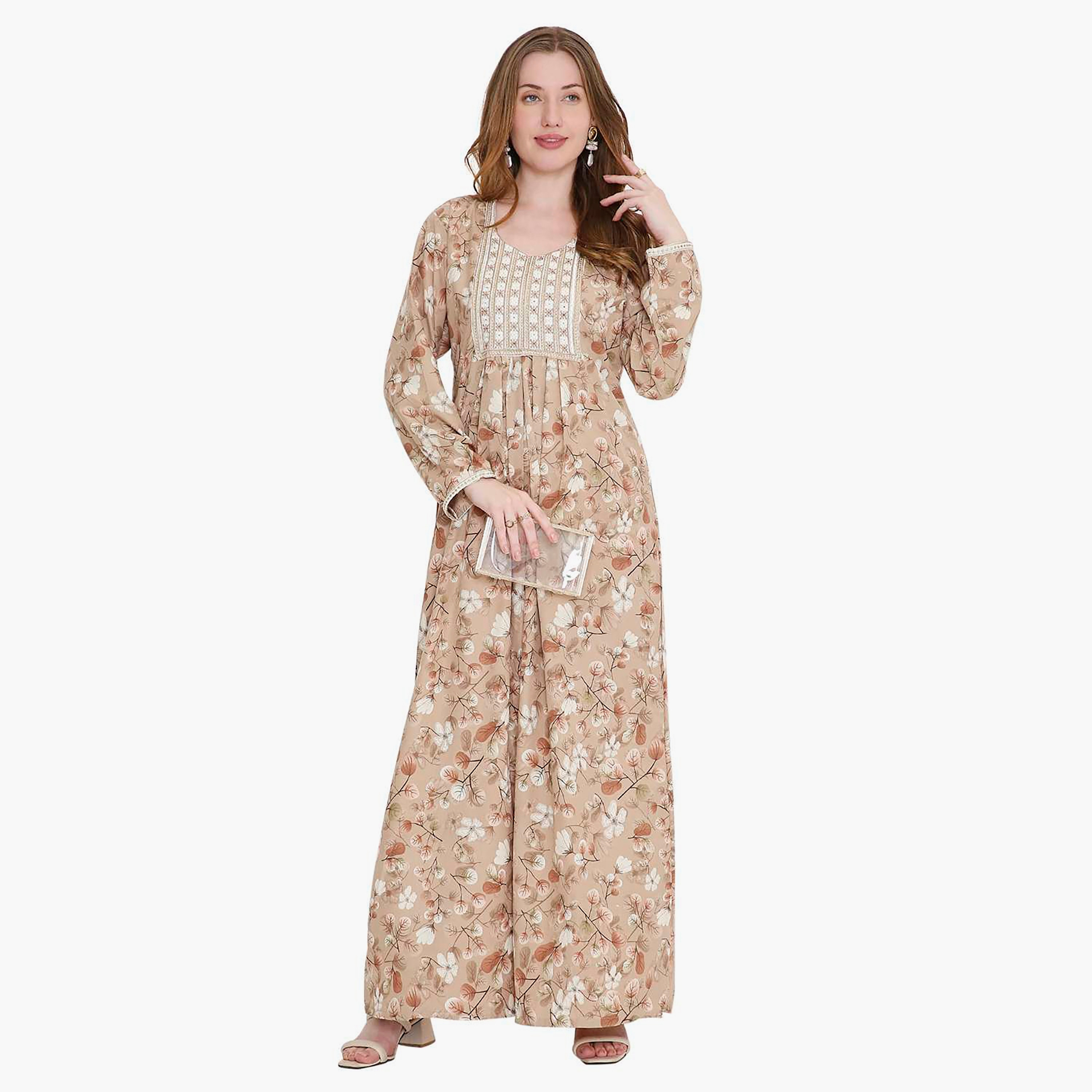 جلابية نسائية بطبعة أوراق شجر ومطرزة من هانا اند سارة-women-arabicclothing-jalabiyas-image-1