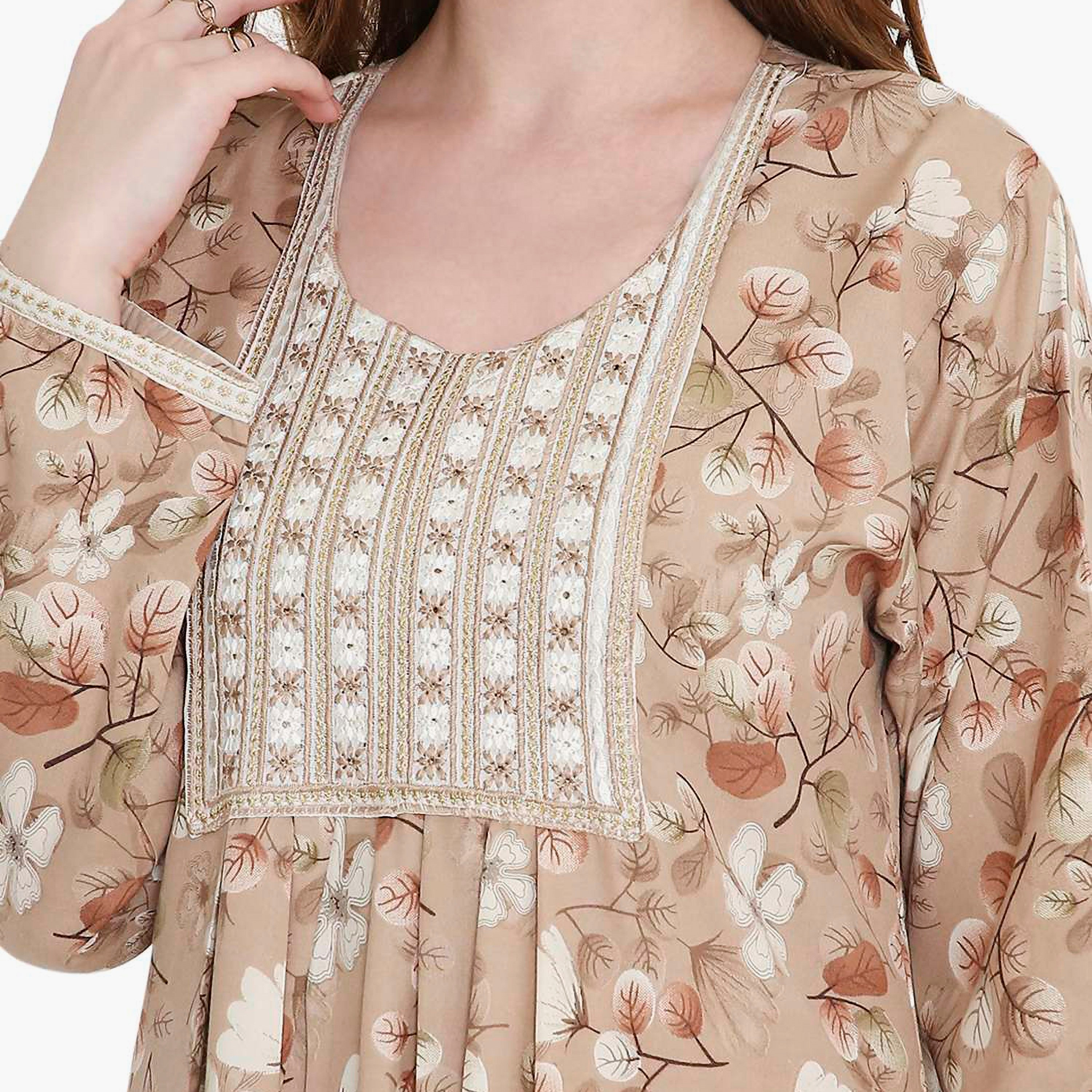 جلابية نسائية بطبعة أوراق شجر ومطرزة من هانا اند سارة-women-arabicclothing-jalabiyas-image-2