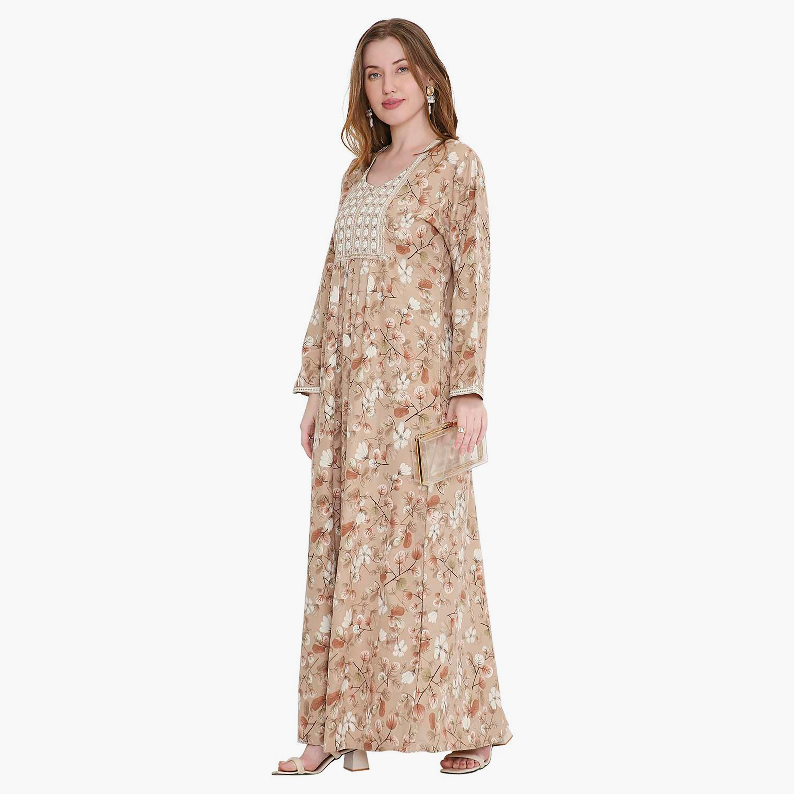 جلابية نسائية بطبعة أوراق شجر ومطرزة من هانا اند سارة-women-arabicclothing-jalabiyas-image-3