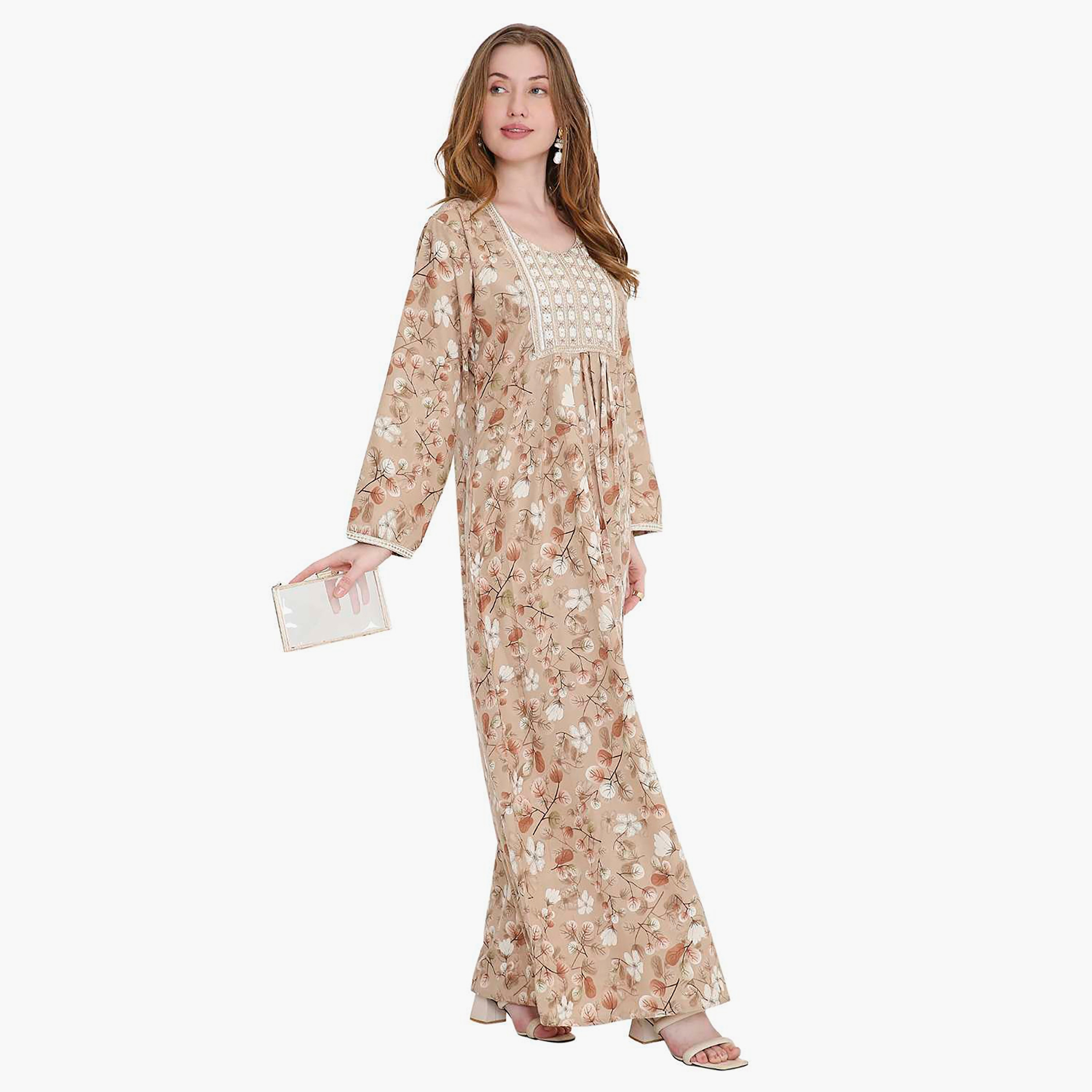 جلابية نسائية بطبعة أوراق شجر ومطرزة من هانا اند سارة-women-arabicclothing-jalabiyas-image-4