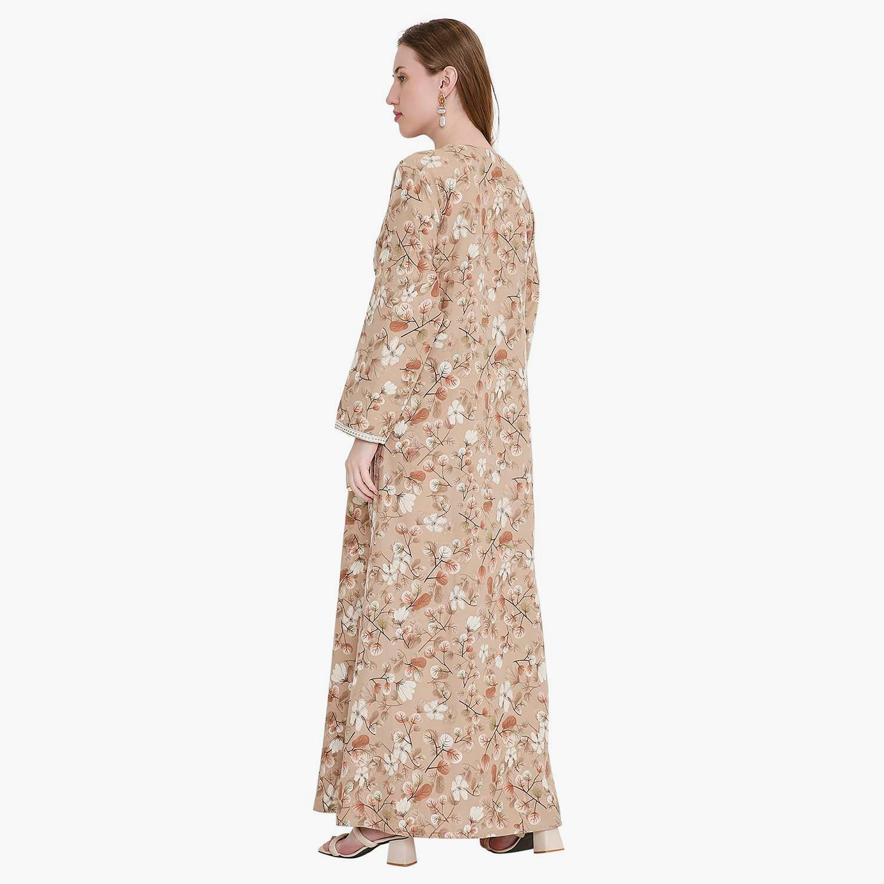 جلابية نسائية بطبعة أوراق شجر ومطرزة من هانا اند سارة-women-arabicclothing-jalabiyas-image-5