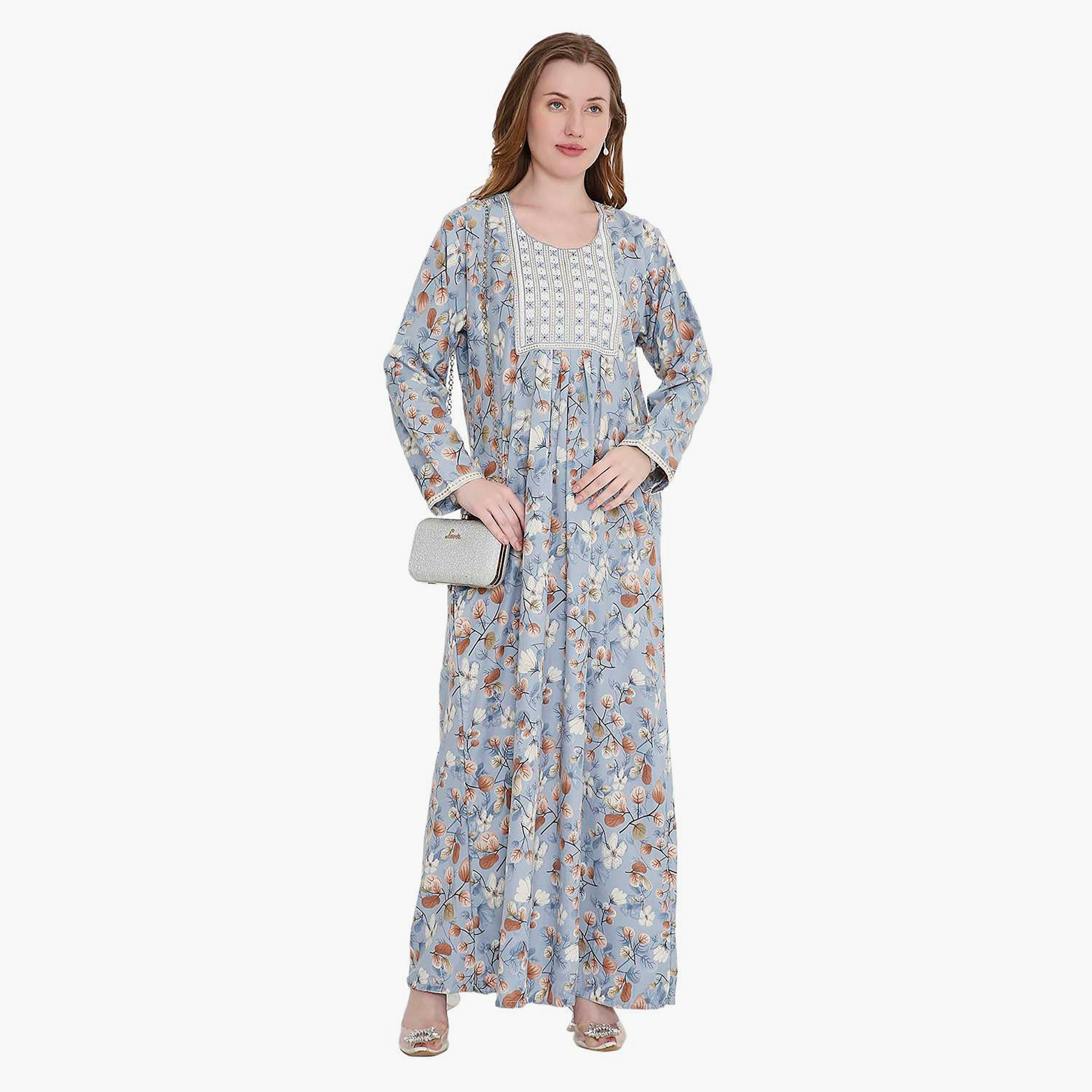 جلابية نسائية بطبعة أوراق شجر ومطرزة من هانا اند سارة-women-arabicclothing-jalabiyas-image-6