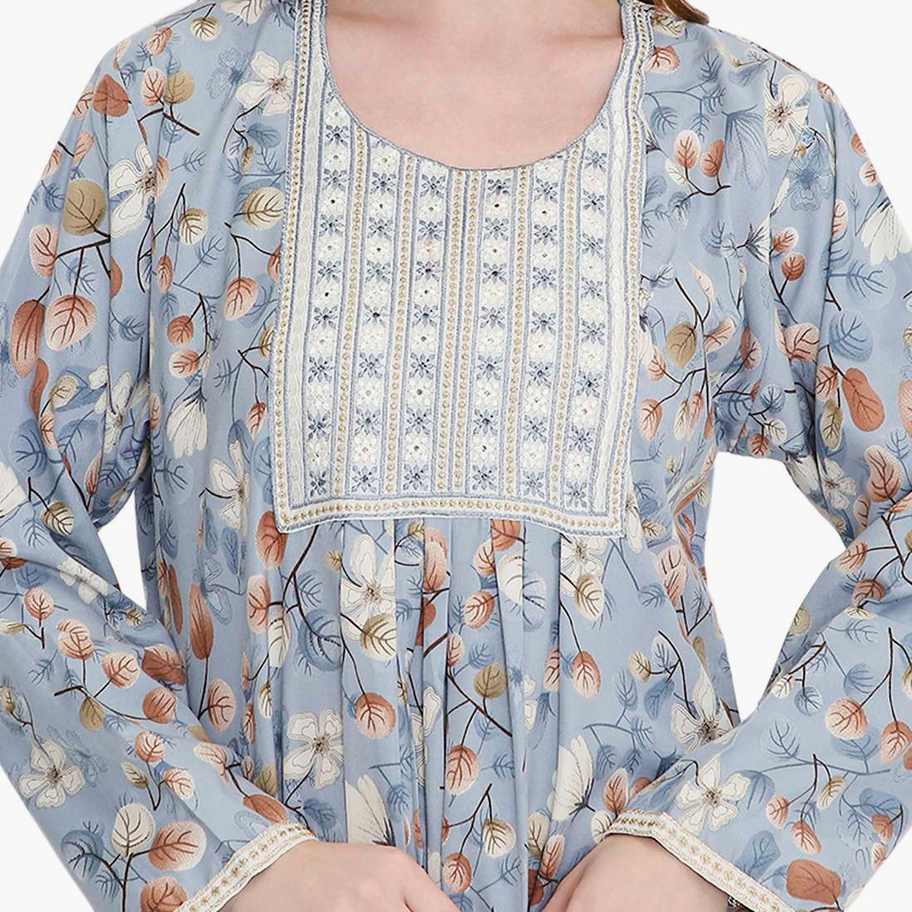 جلابية نسائية بطبعة أوراق شجر ومطرزة من هانا اند سارة-women-arabicclothing-jalabiyas-image-7