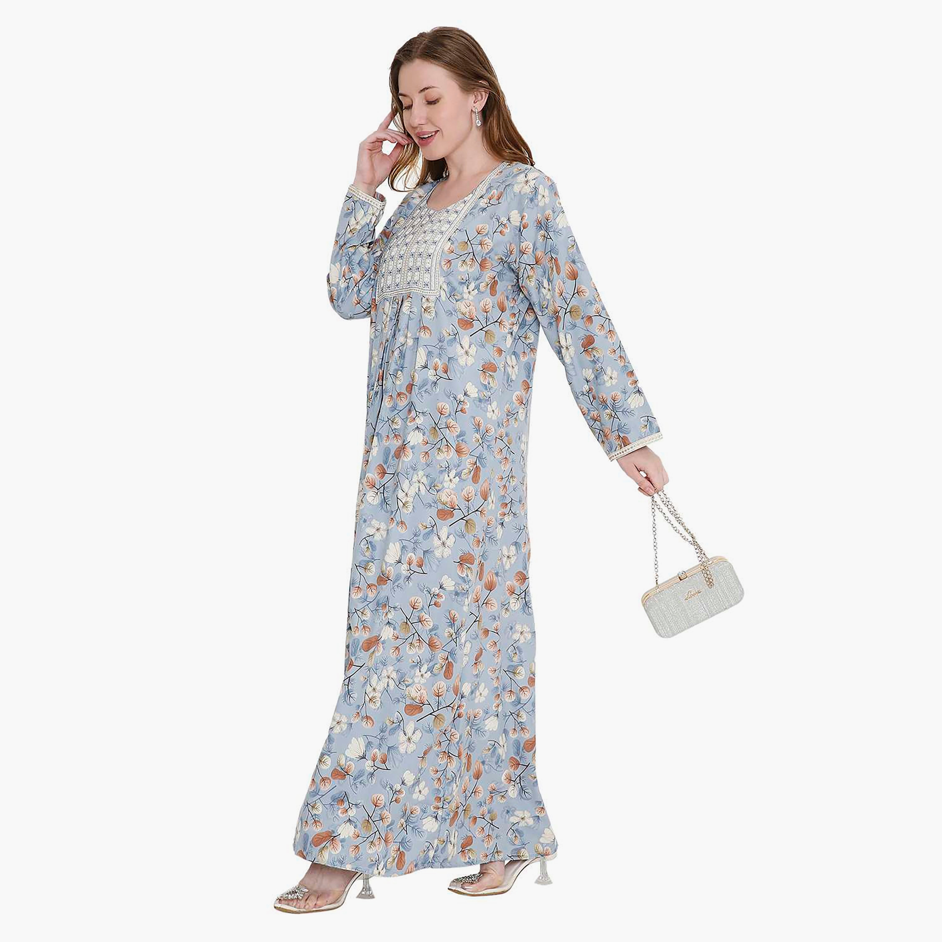 جلابية نسائية بطبعة أوراق شجر ومطرزة من هانا اند سارة-women-arabicclothing-jalabiyas-image-8