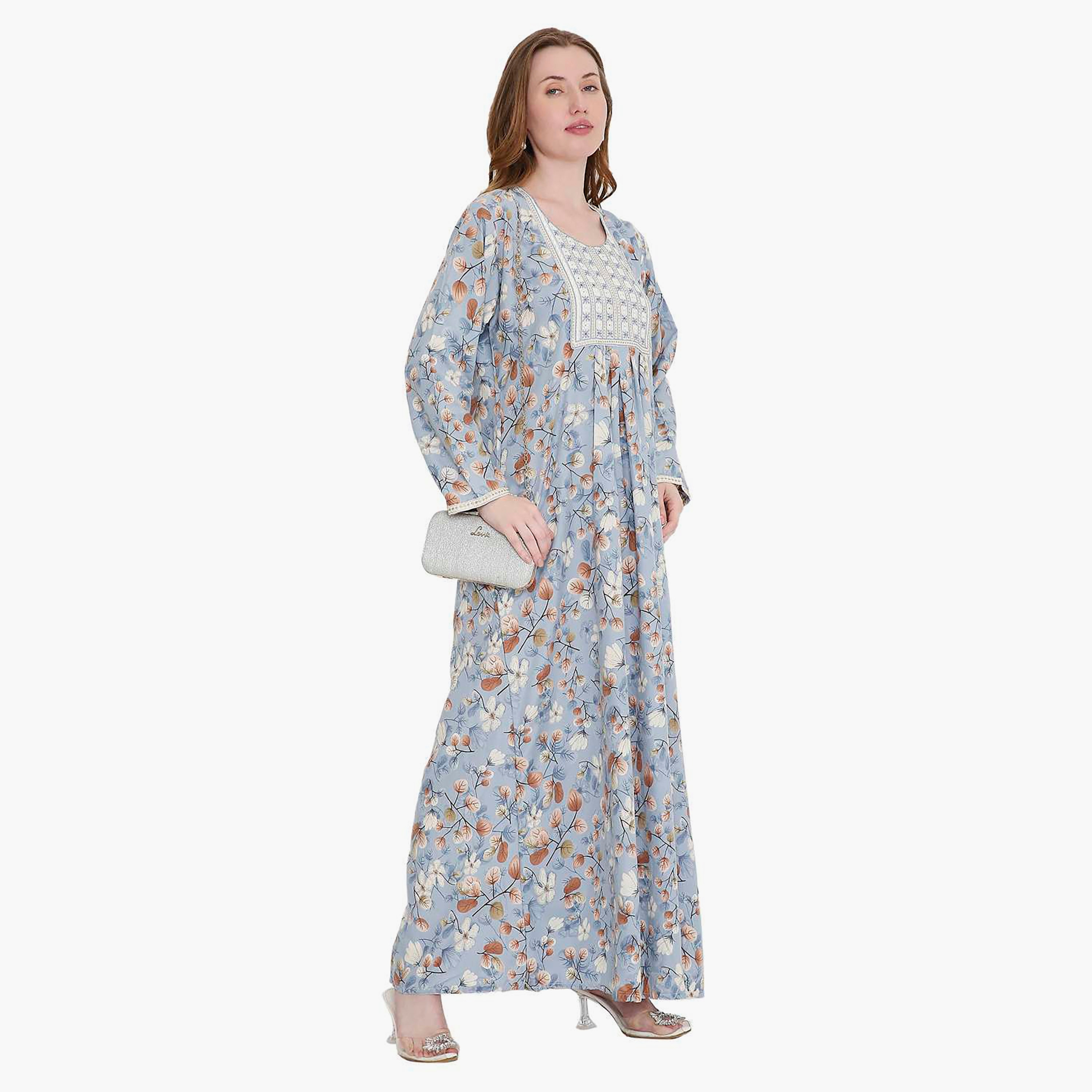 جلابية نسائية بطبعة أوراق شجر ومطرزة من هانا اند سارة-women-arabicclothing-jalabiyas-image-9