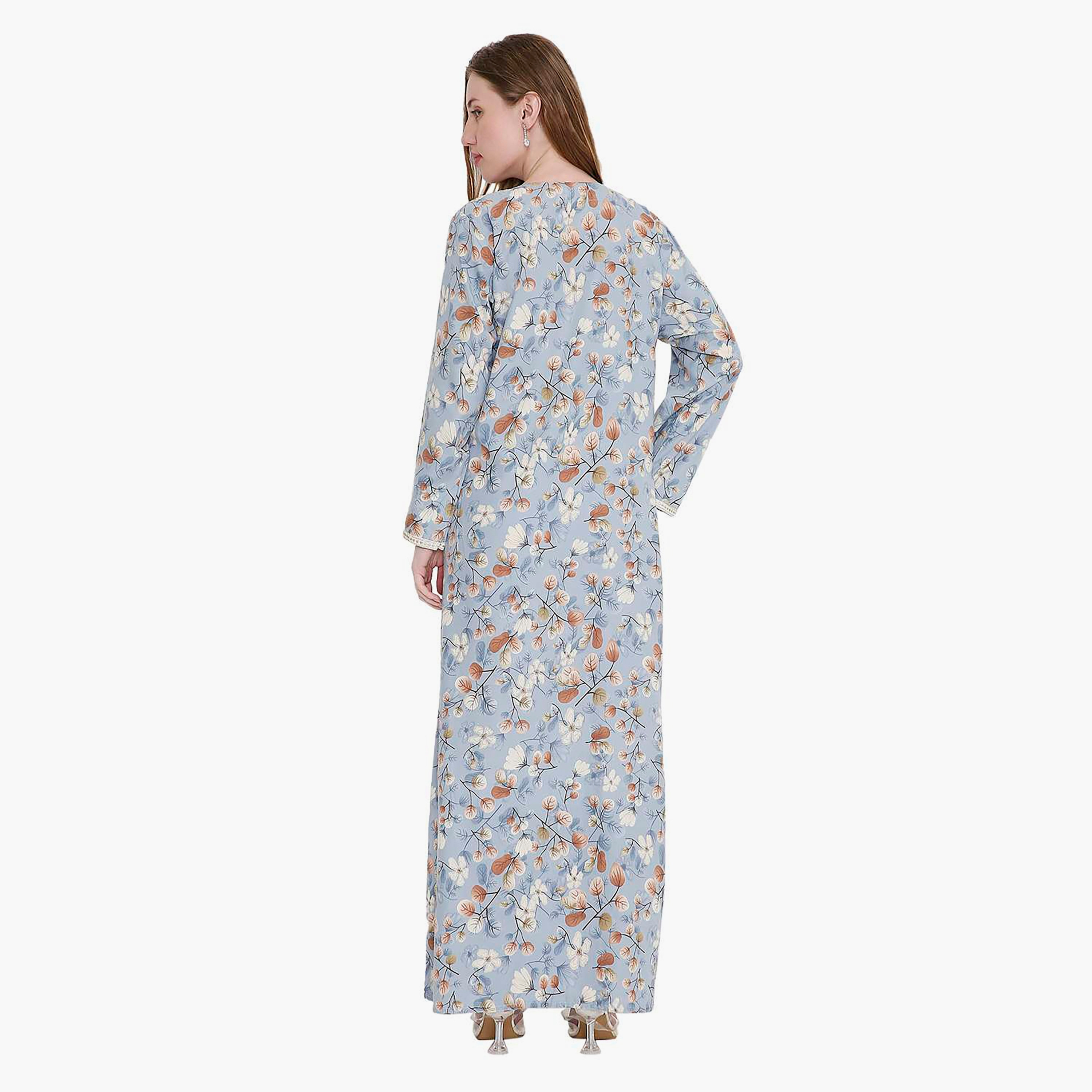 جلابية نسائية بطبعة أوراق شجر ومطرزة من هانا اند سارة-women-arabicclothing-jalabiyas-image-10