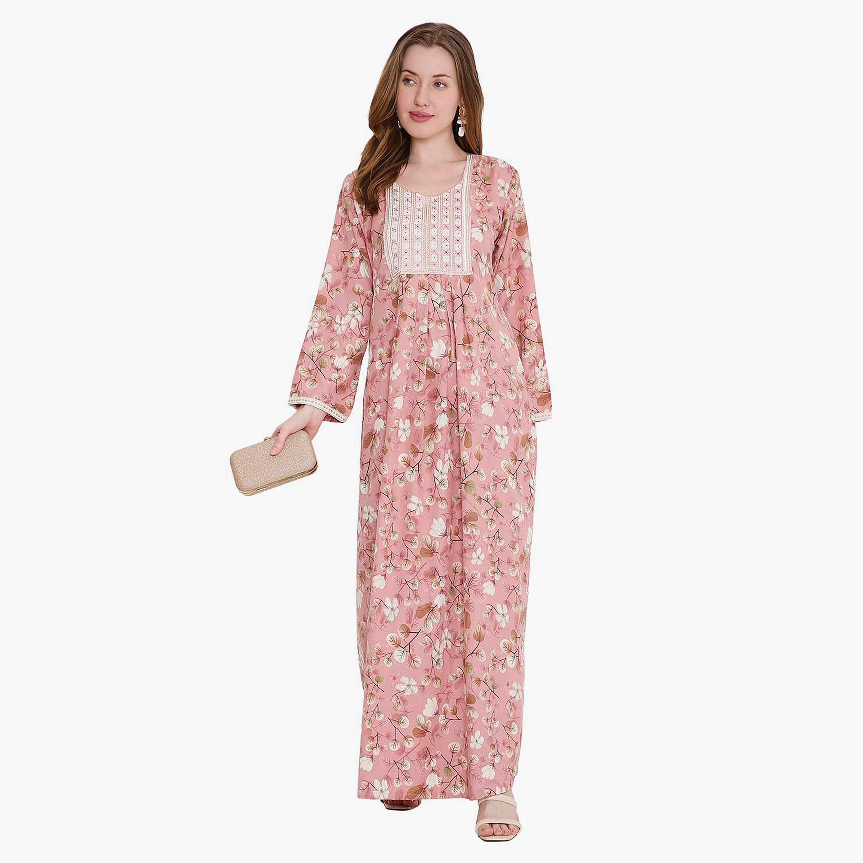 جلابية نسائية بطبعة أوراق شجر ومطرزة من هانا اند سارة-women-arabicclothing-jalabiyas-image-11