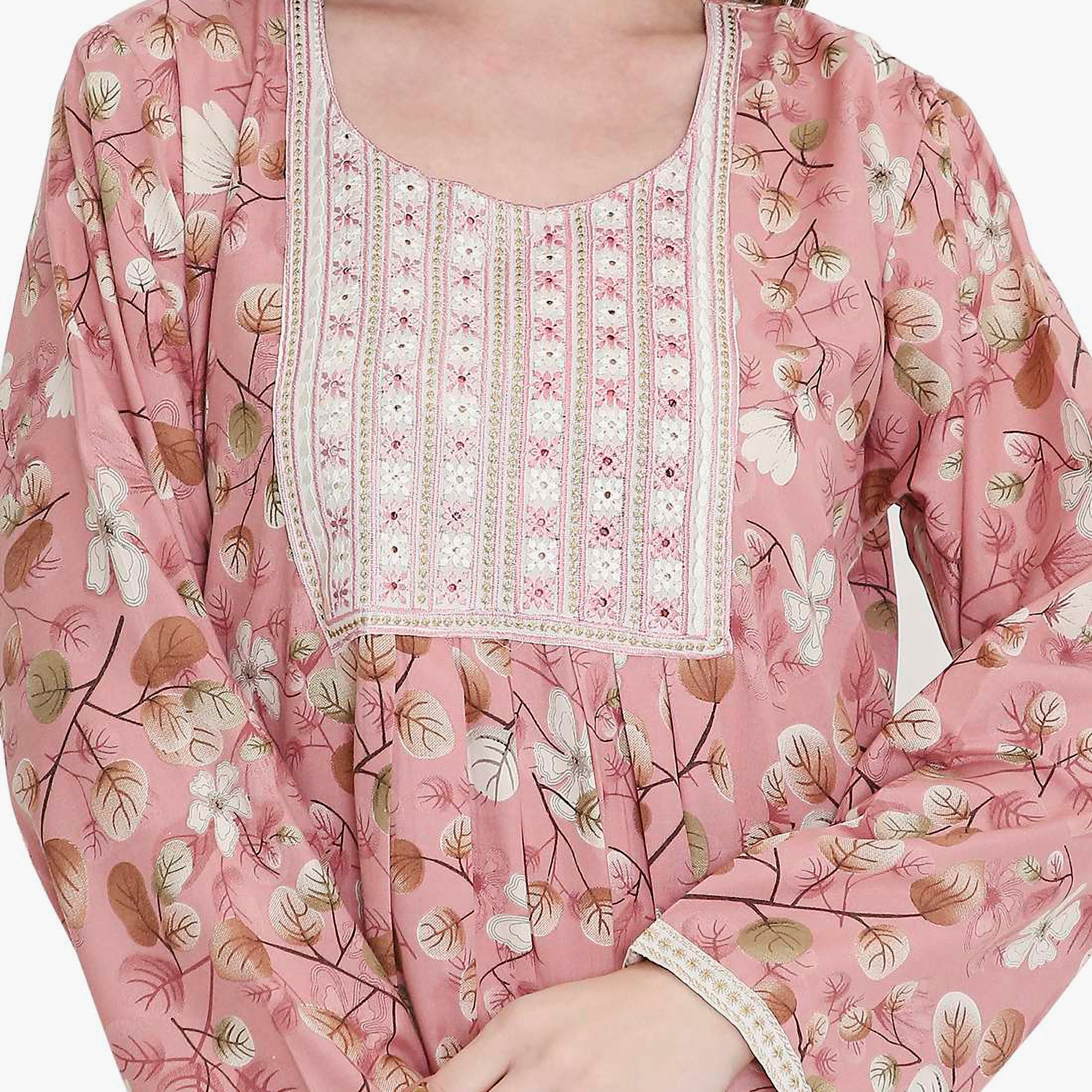 جلابية نسائية بطبعة أوراق شجر ومطرزة من هانا اند سارة-women-arabicclothing-jalabiyas-image-12