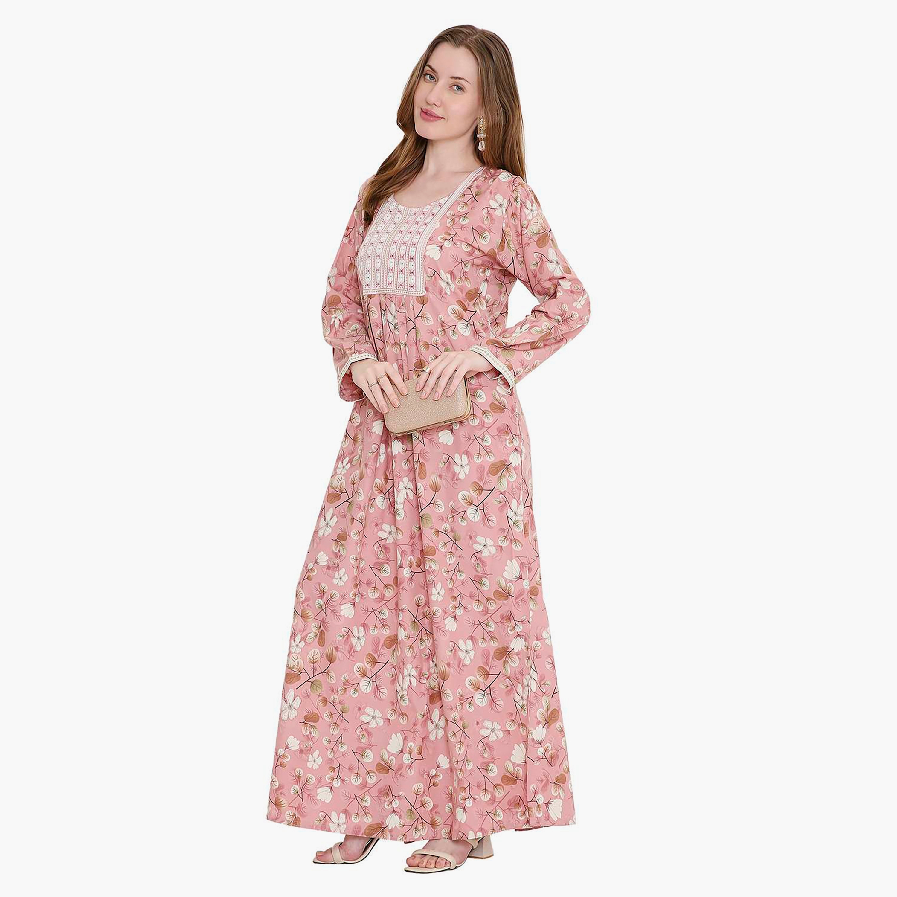 جلابية نسائية بطبعة أوراق شجر ومطرزة من هانا اند سارة-women-arabicclothing-jalabiyas-image-13