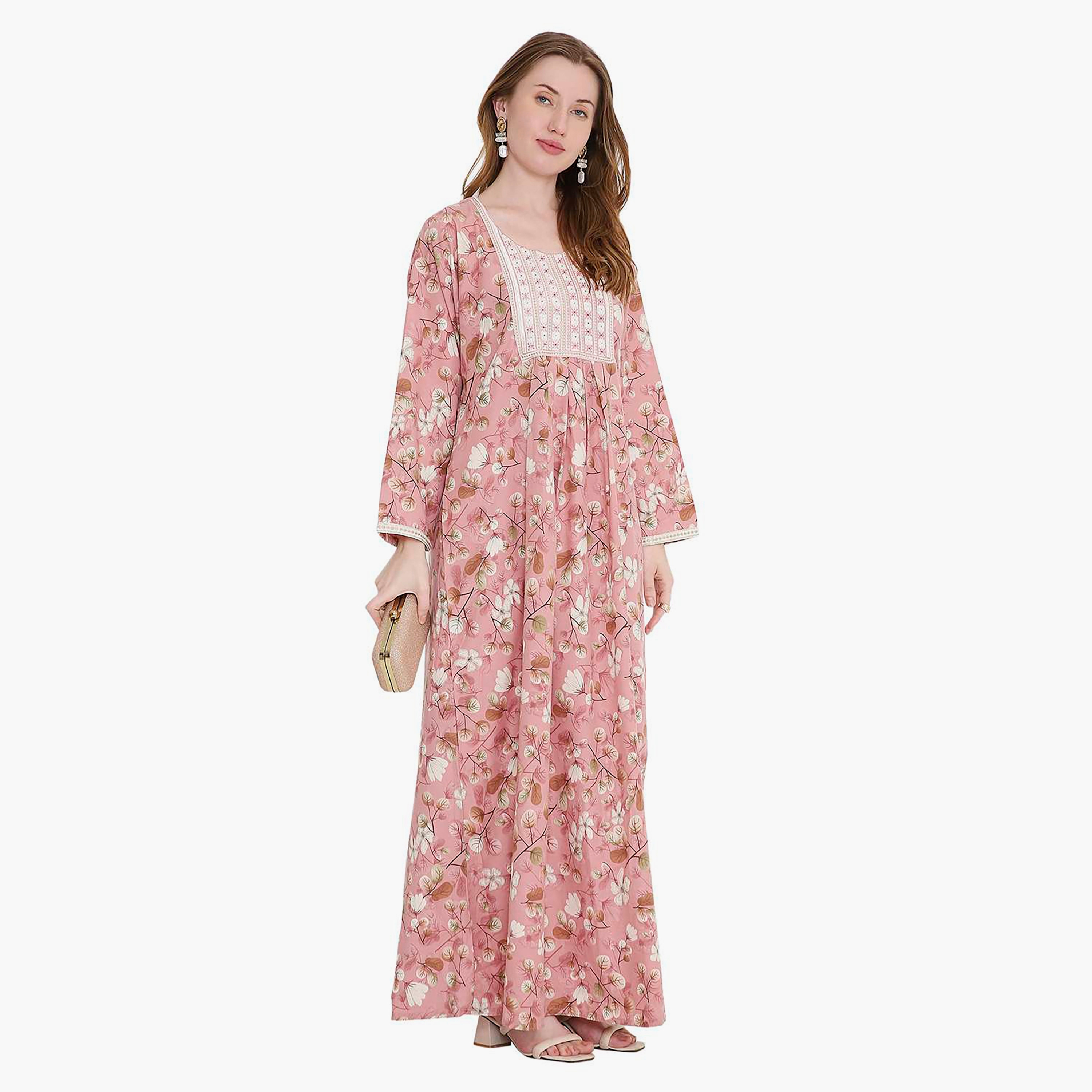 جلابية نسائية بطبعة أوراق شجر ومطرزة من هانا اند سارة-women-arabicclothing-jalabiyas-image-14