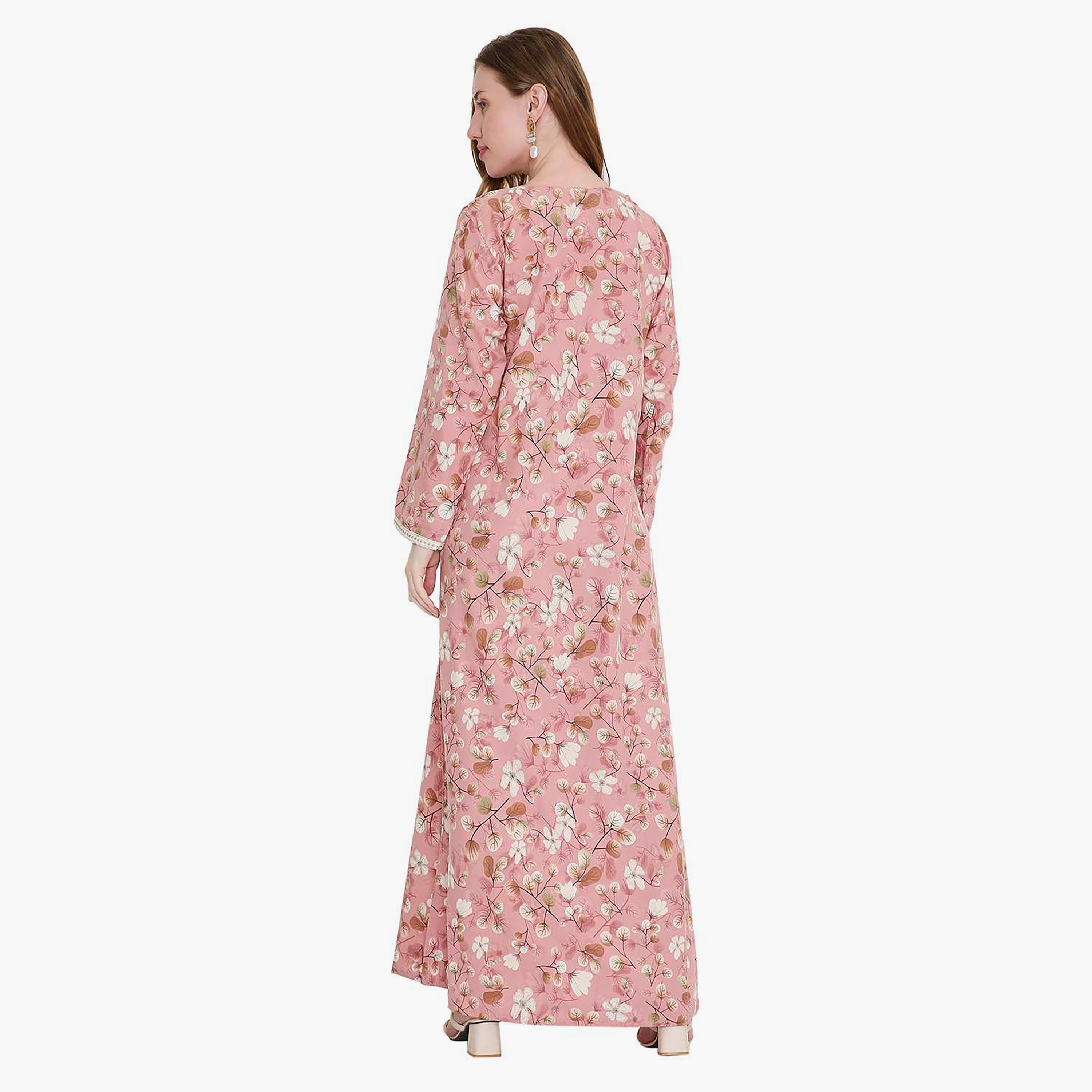 جلابية نسائية بطبعة أوراق شجر ومطرزة من هانا اند سارة-women-arabicclothing-jalabiyas-image-15