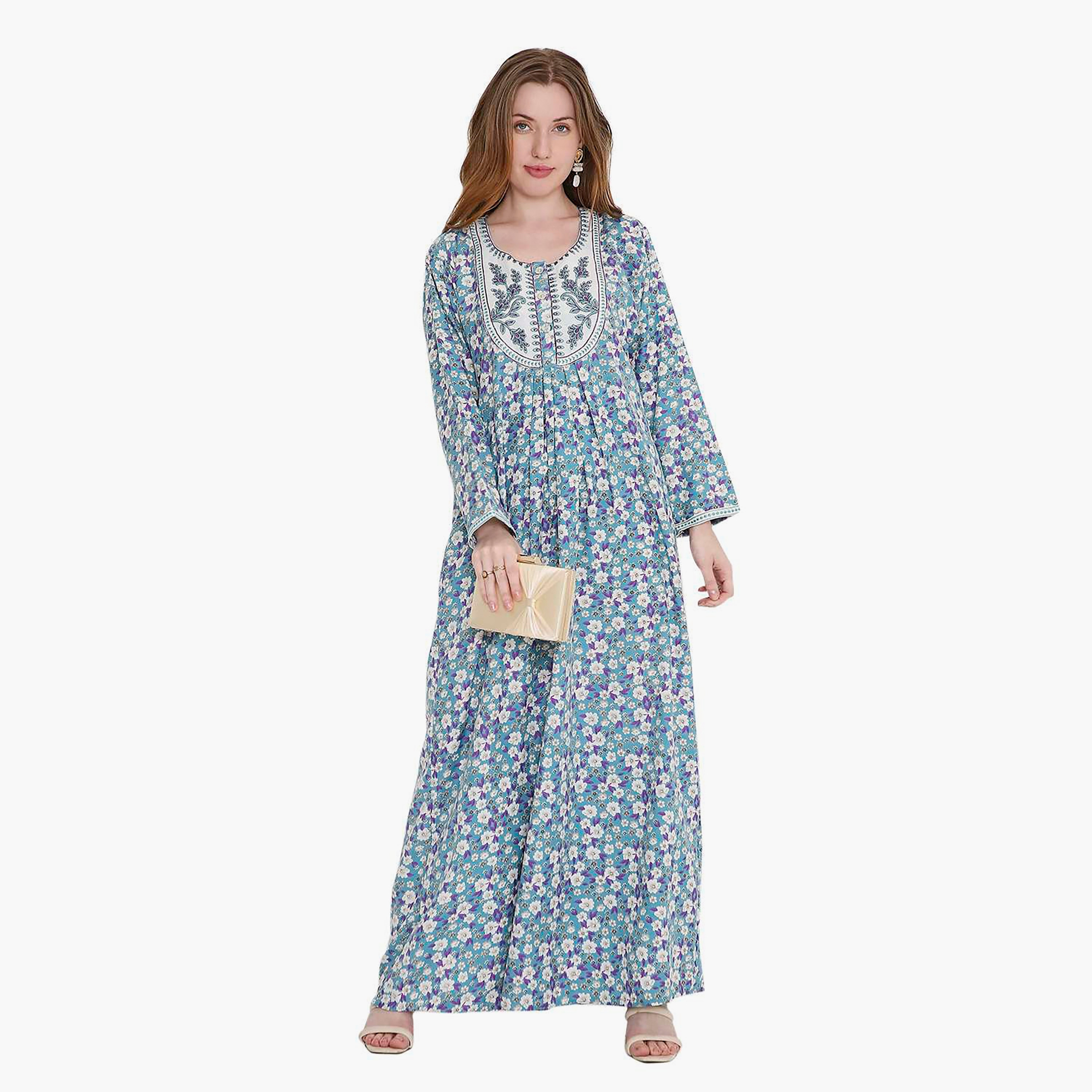 HanaandSara Scattered Floral Print and Embroidered Yoke Women's Jalabiya-women-arabicclothing-jalabiyas-image-1