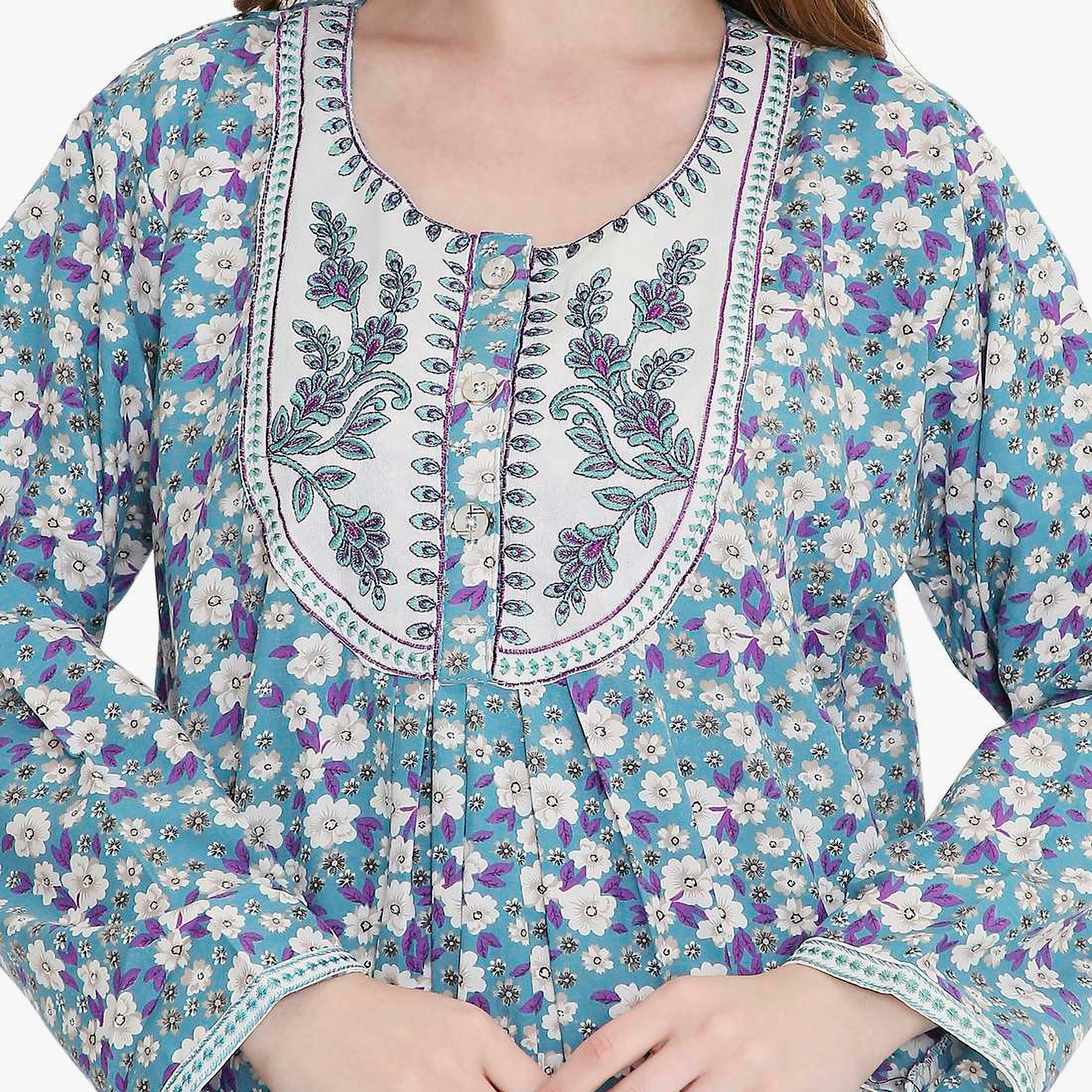 HanaandSara Scattered Floral Print and Embroidered Yoke Women's Jalabiya-women-arabicclothing-jalabiyas-image-2