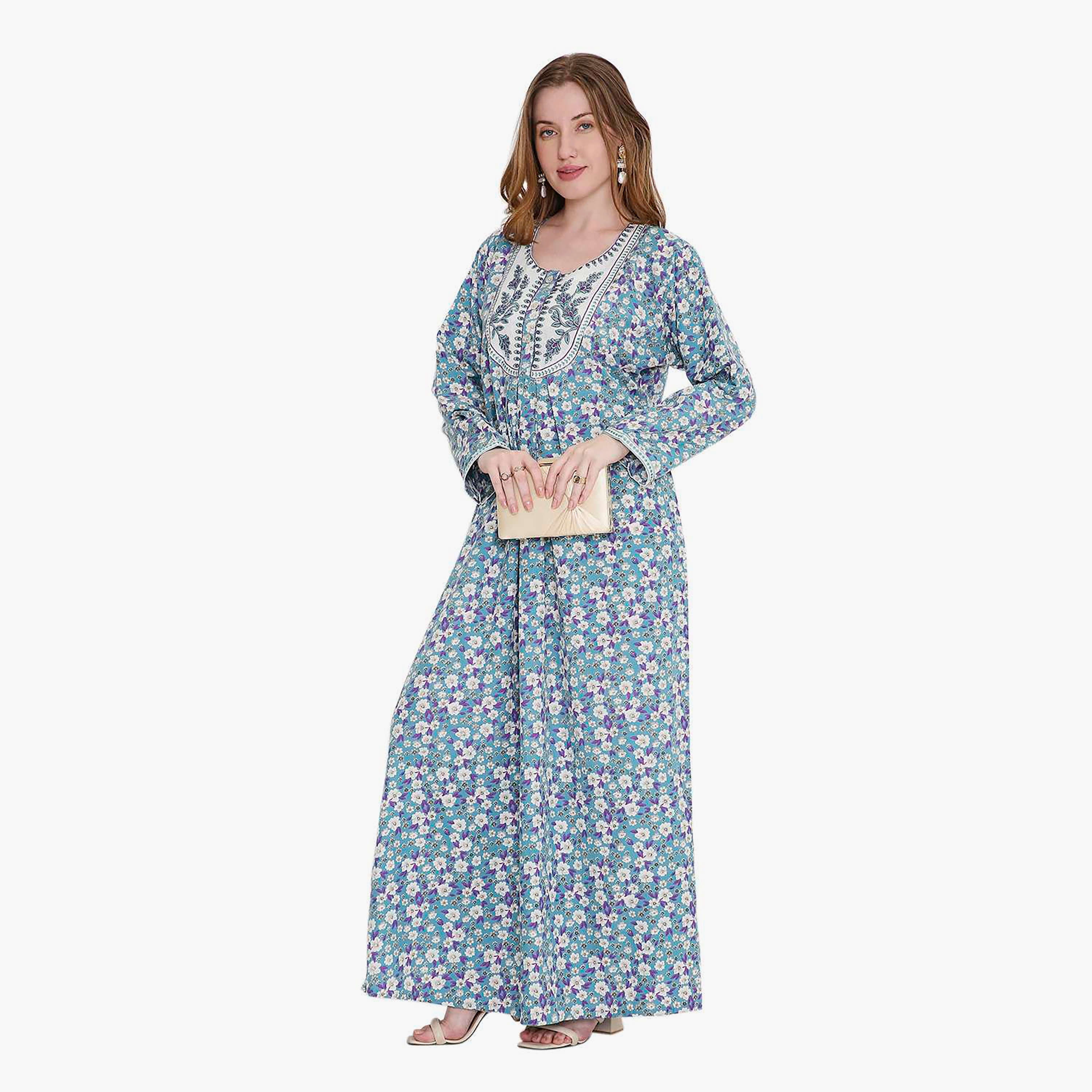 HanaandSara Scattered Floral Print and Embroidered Yoke Women's Jalabiya-women-arabicclothing-jalabiyas-image-3