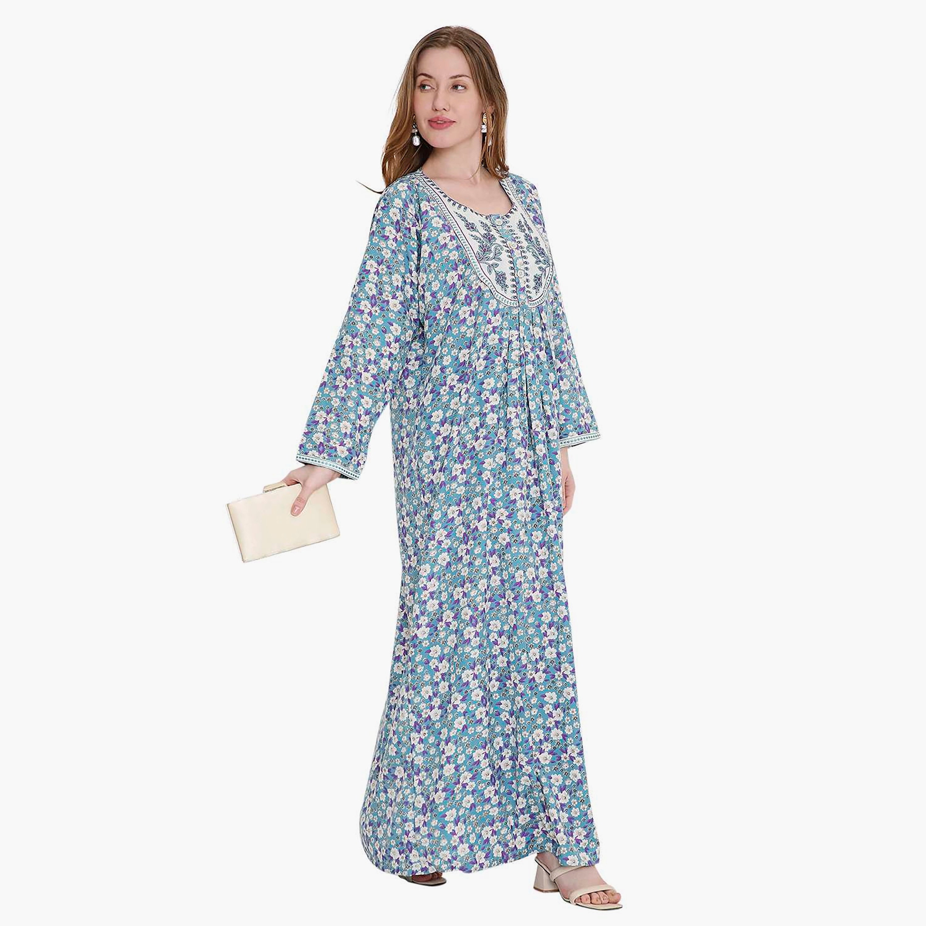 HanaandSara Scattered Floral Print and Embroidered Yoke Women's Jalabiya-women-arabicclothing-jalabiyas-image-4