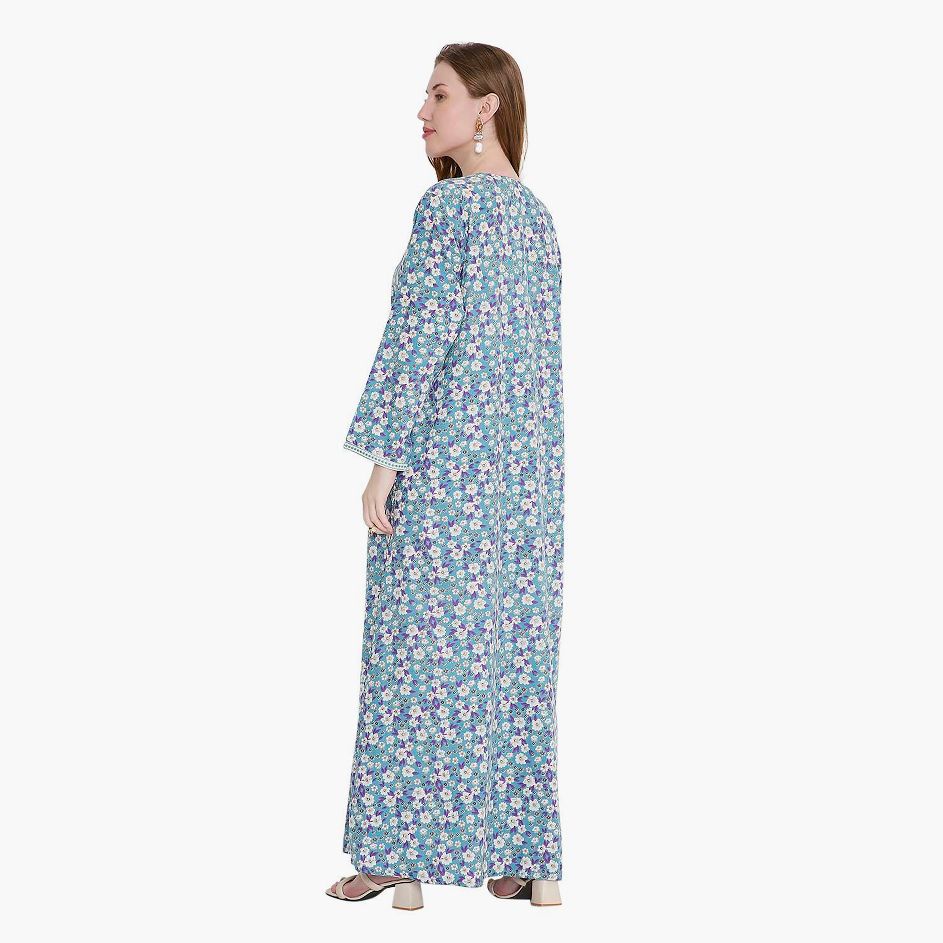 HanaandSara Scattered Floral Print and Embroidered Yoke Women's Jalabiya-women-arabicclothing-jalabiyas-image-5
