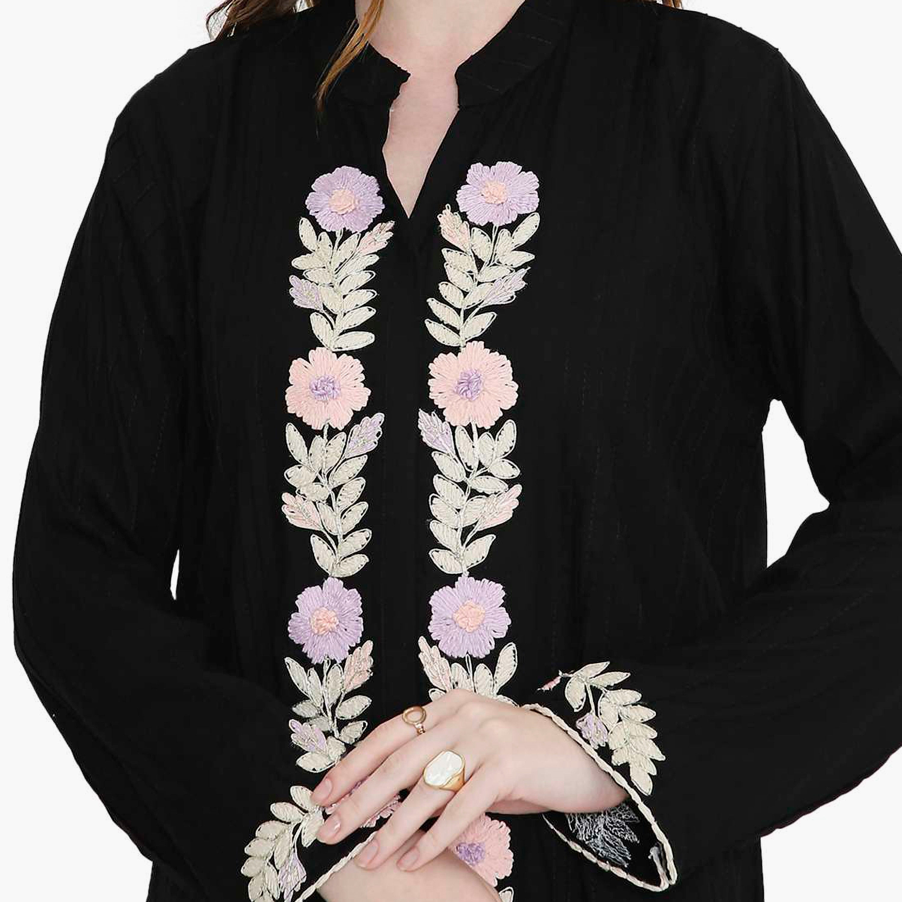 HanaandSara Black Embroidered Mandarin Collar Women's Jalabiya-women-arabicclothing-jalabiyas-image-2