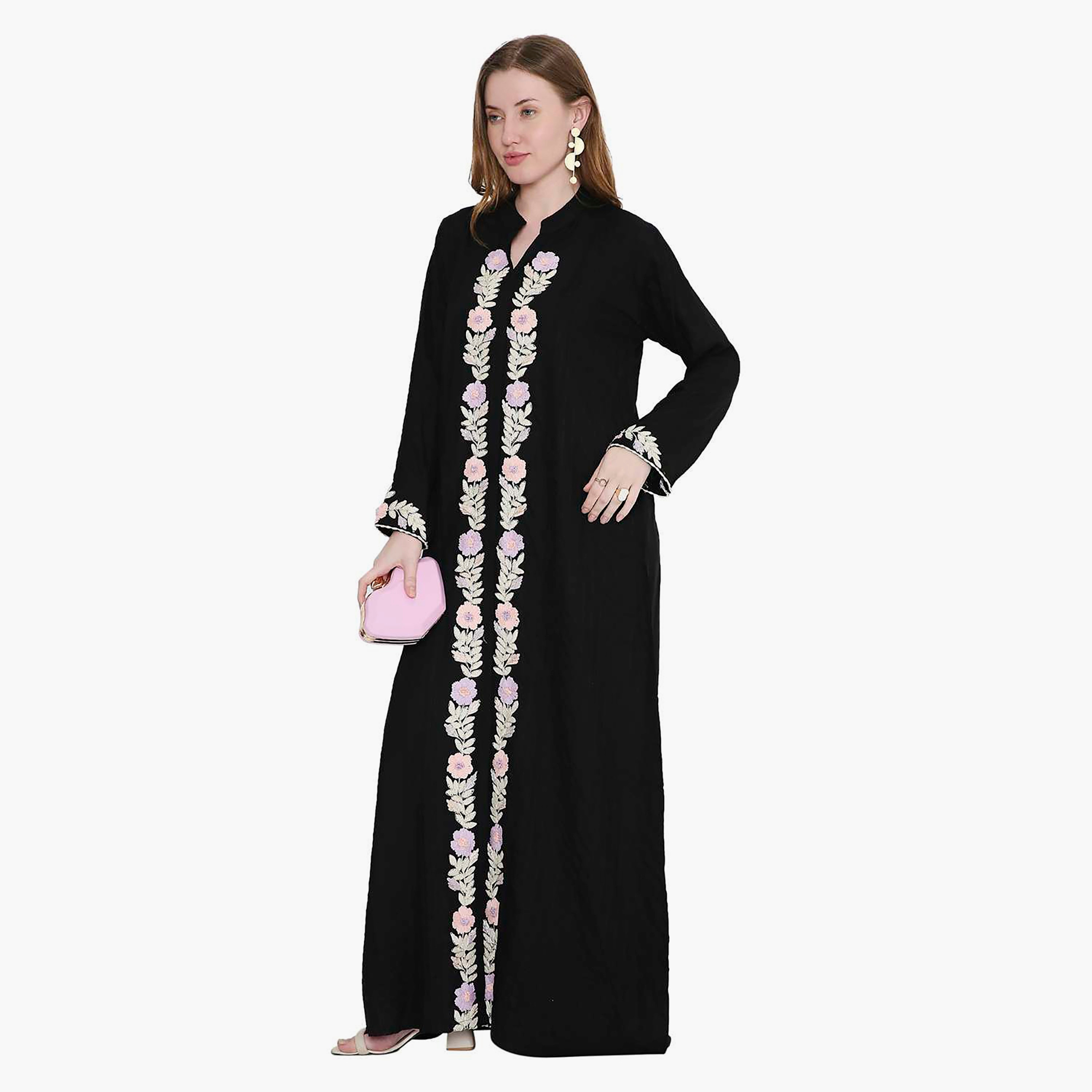 HanaandSara Black Embroidered Mandarin Collar Women's Jalabiya-women-arabicclothing-jalabiyas-image-3