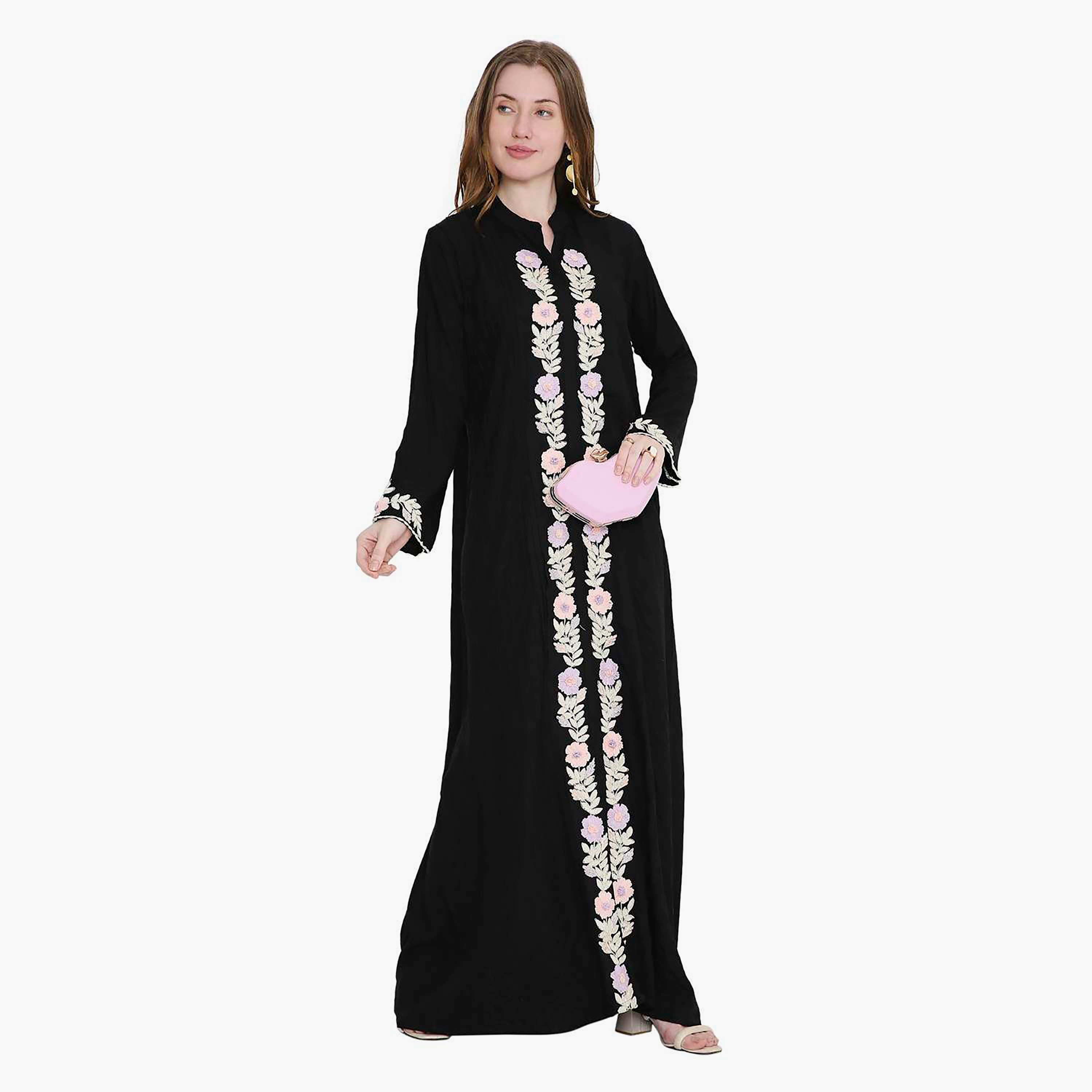 HanaandSara Black Embroidered Mandarin Collar Women's Jalabiya-women-arabicclothing-jalabiyas-image-4