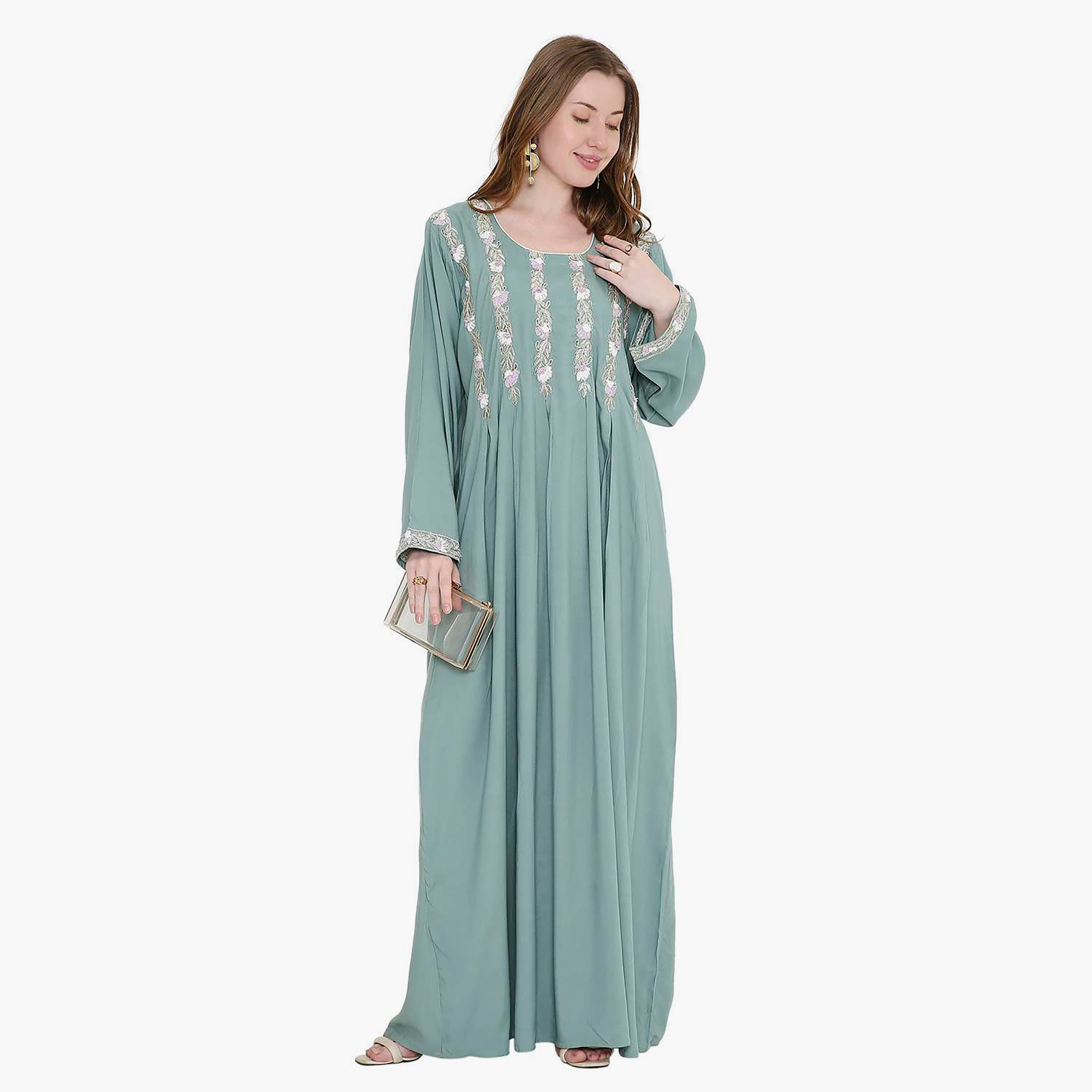 HanaandSara Leaf Embroidered Women's Jalabiya-women-arabicclothing-jalabiyas-image-1