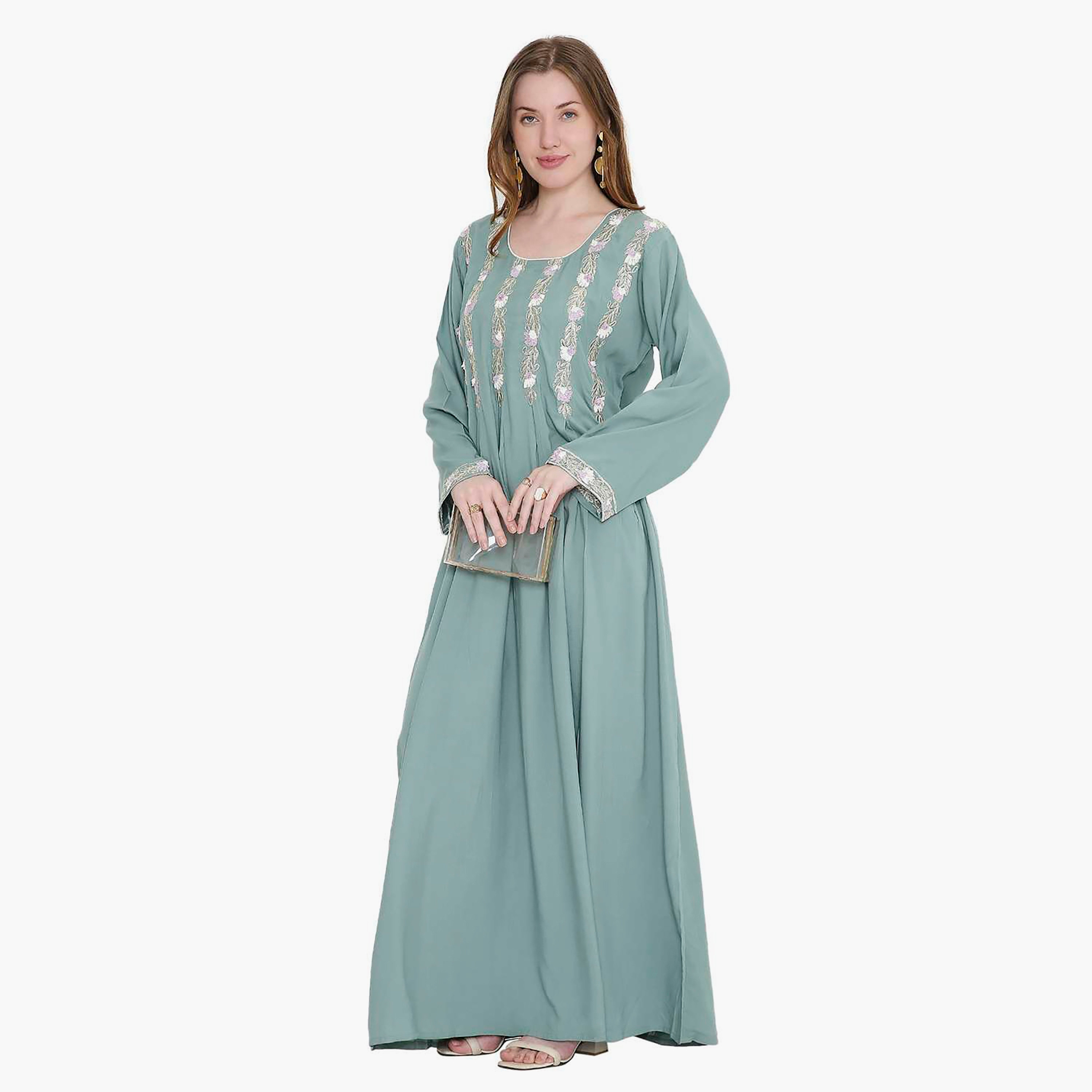 HanaandSara Leaf Embroidered Women's Jalabiya-women-arabicclothing-jalabiyas-image-3