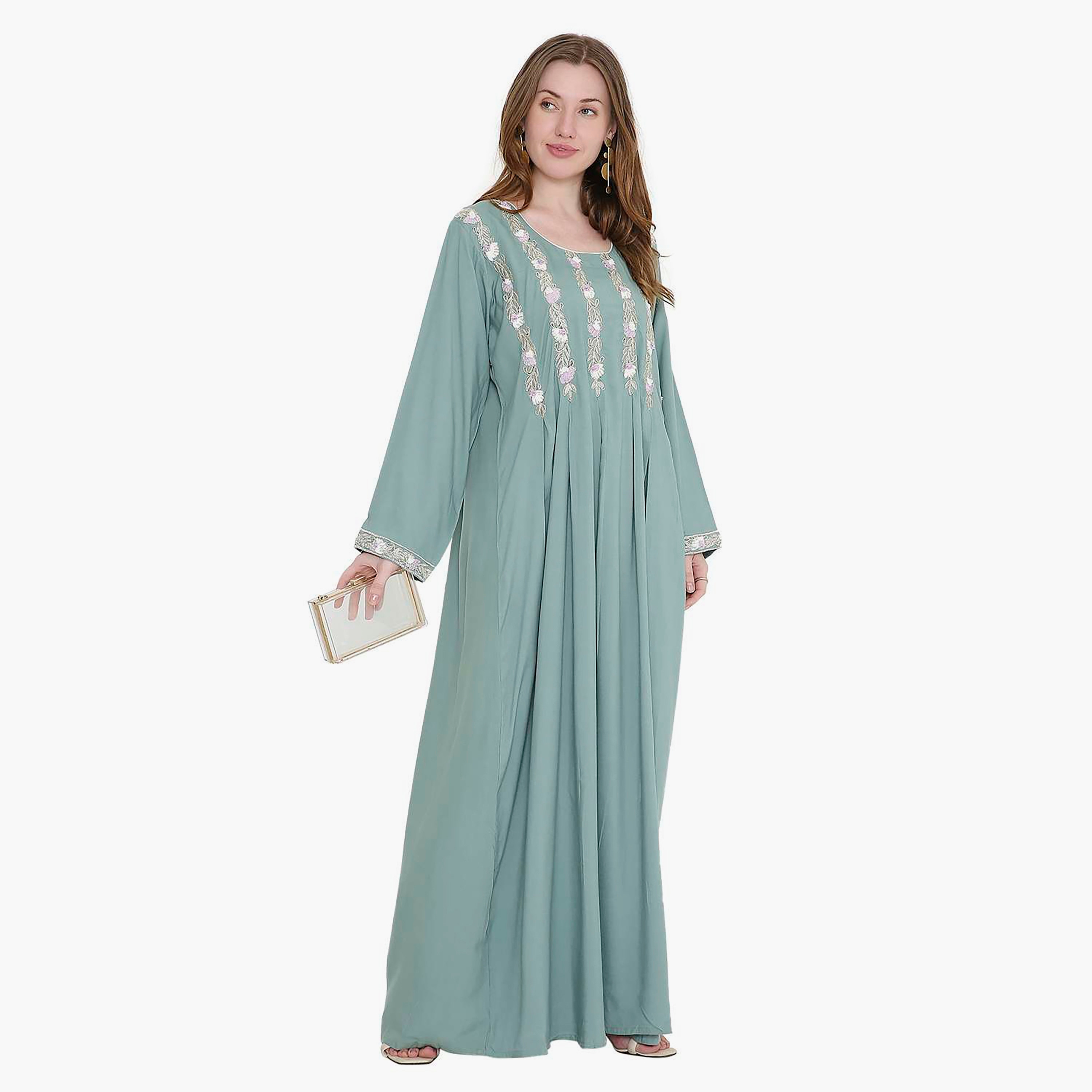 HanaandSara Leaf Embroidered Women's Jalabiya-women-arabicclothing-jalabiyas-image-4