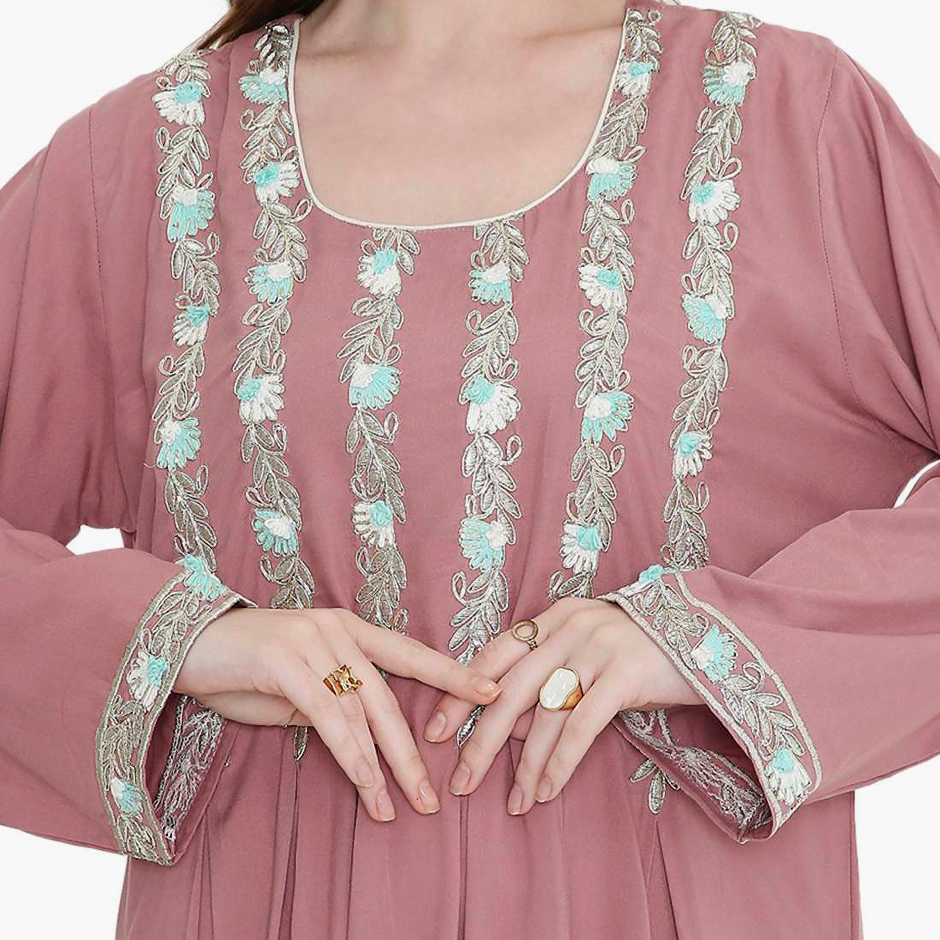 HanaandSara Leaf Embroidered Women's Jalabiya-women-arabicclothing-jalabiyas-image-7