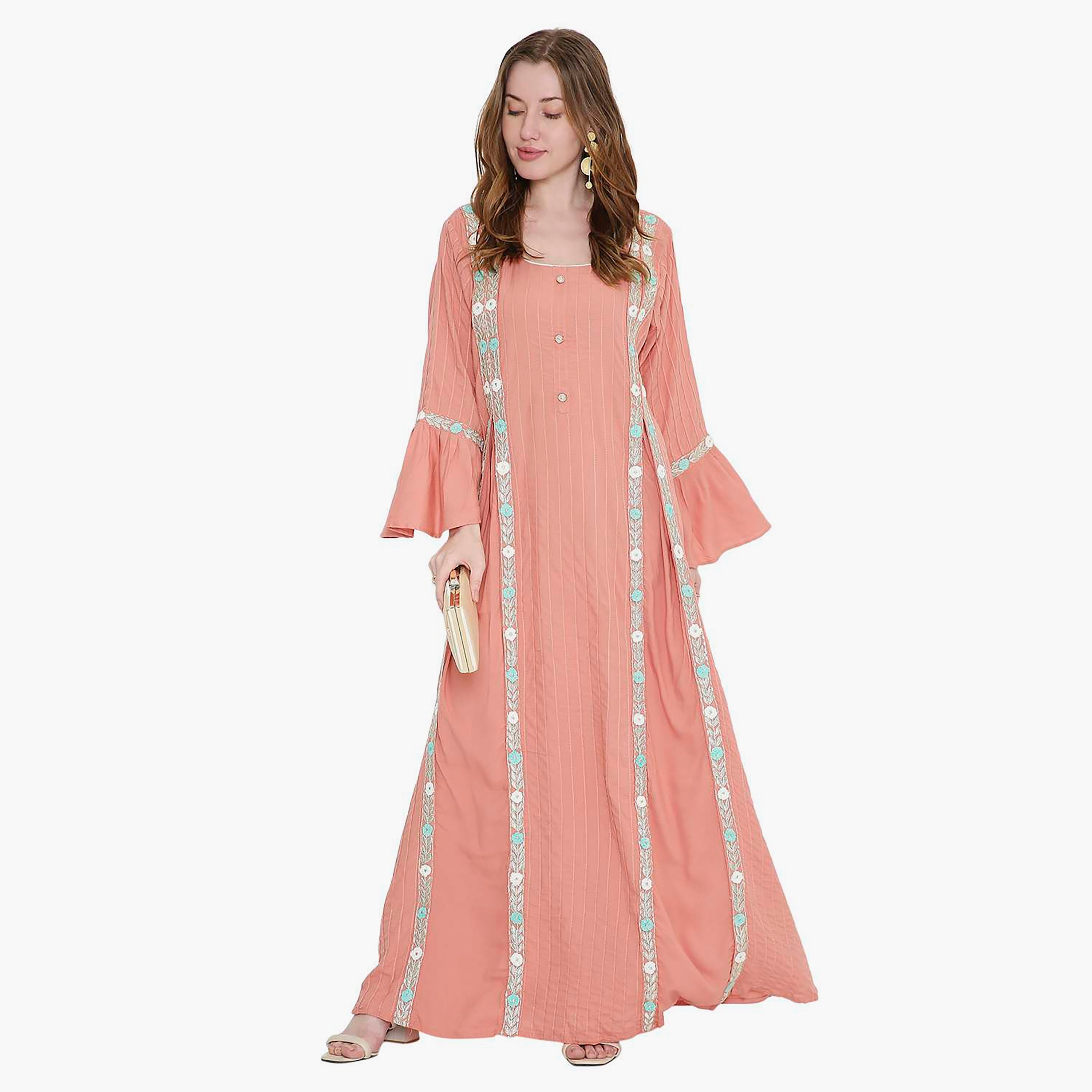 جلابية نسائية مطرزة ورقبة مربعة إغلاق بدبوس من هانا اند سارة-women-arabicclothing-jalabiyas-image-6