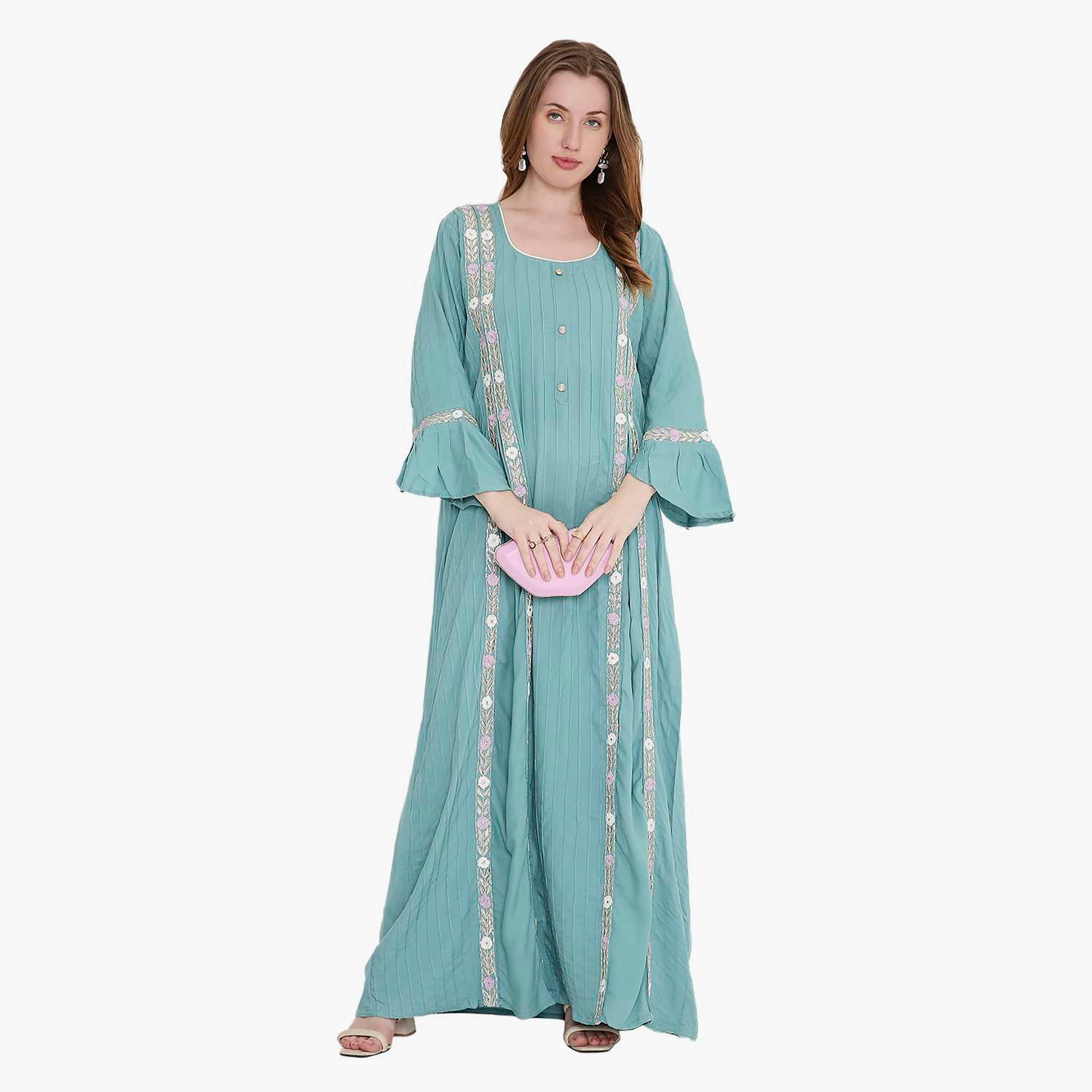 جلابية نسائية مطرزة ورقبة مربعة إغلاق بدبوس من هانا اند سارة-women-arabicclothing-jalabiyas-image-11