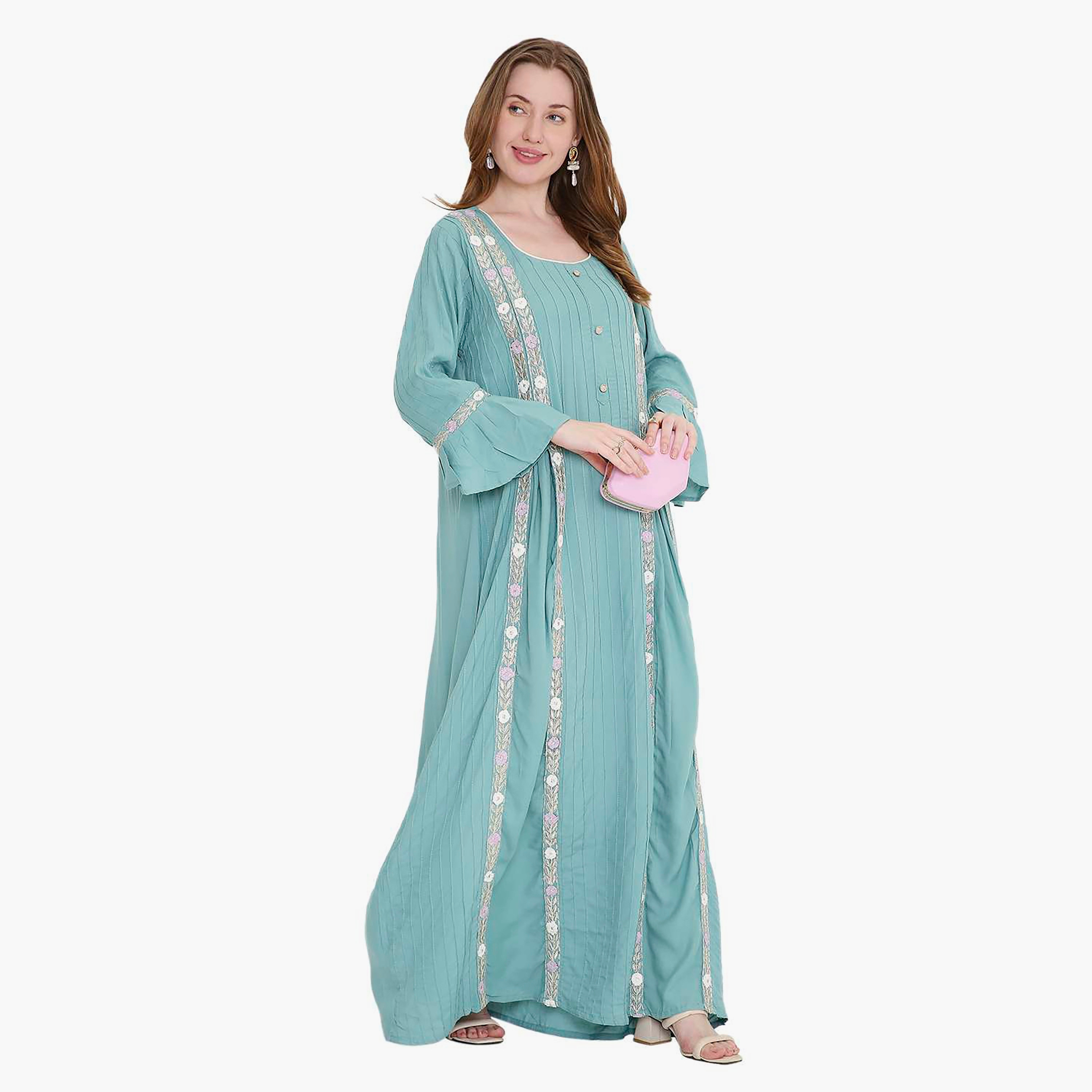 جلابية نسائية مطرزة ورقبة مربعة إغلاق بدبوس من هانا اند سارة-women-arabicclothing-jalabiyas-image-14