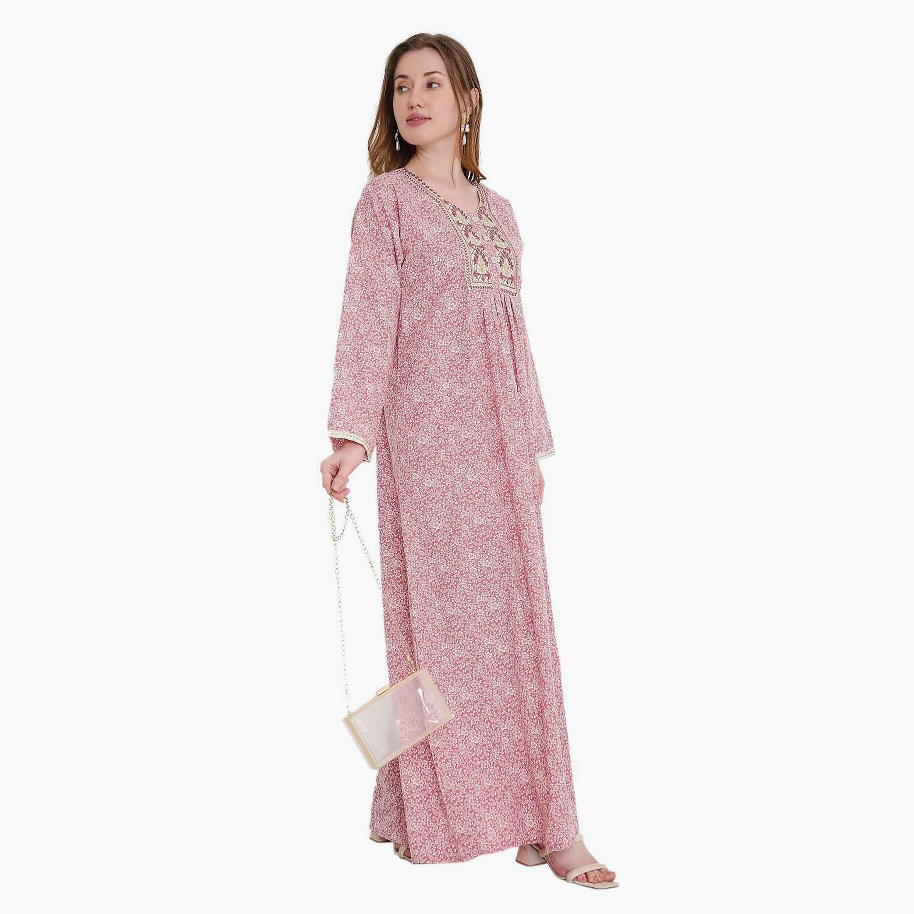 جلابية نسائية بطبعة زهور ومطرزة من هانا اند سارة-women-arabicclothing-jalabiyas-image-4