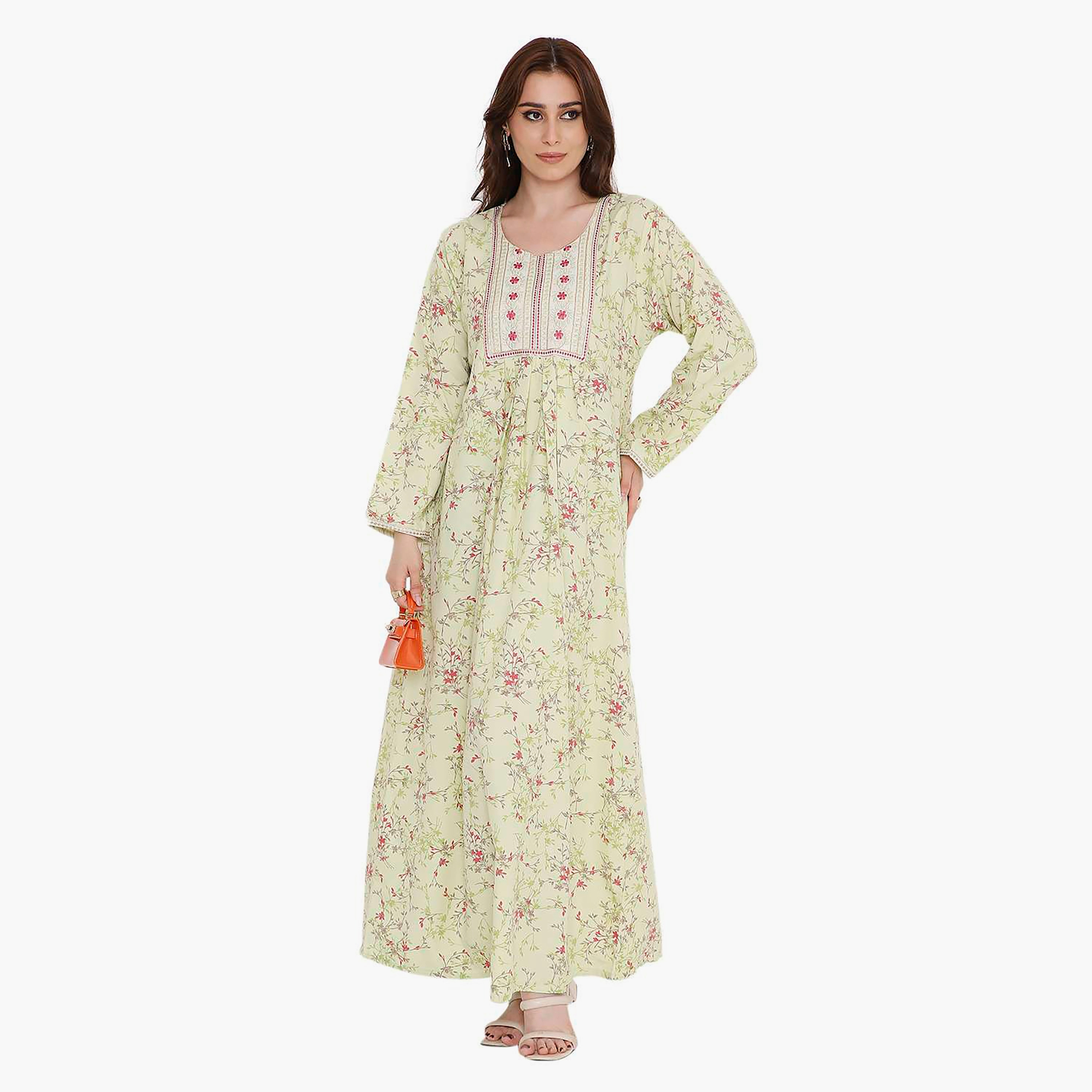 HanaandSara Floral Print and Embroidered Yoke Women's Jalabiya-women-arabicclothing-jalabiyas-image-6