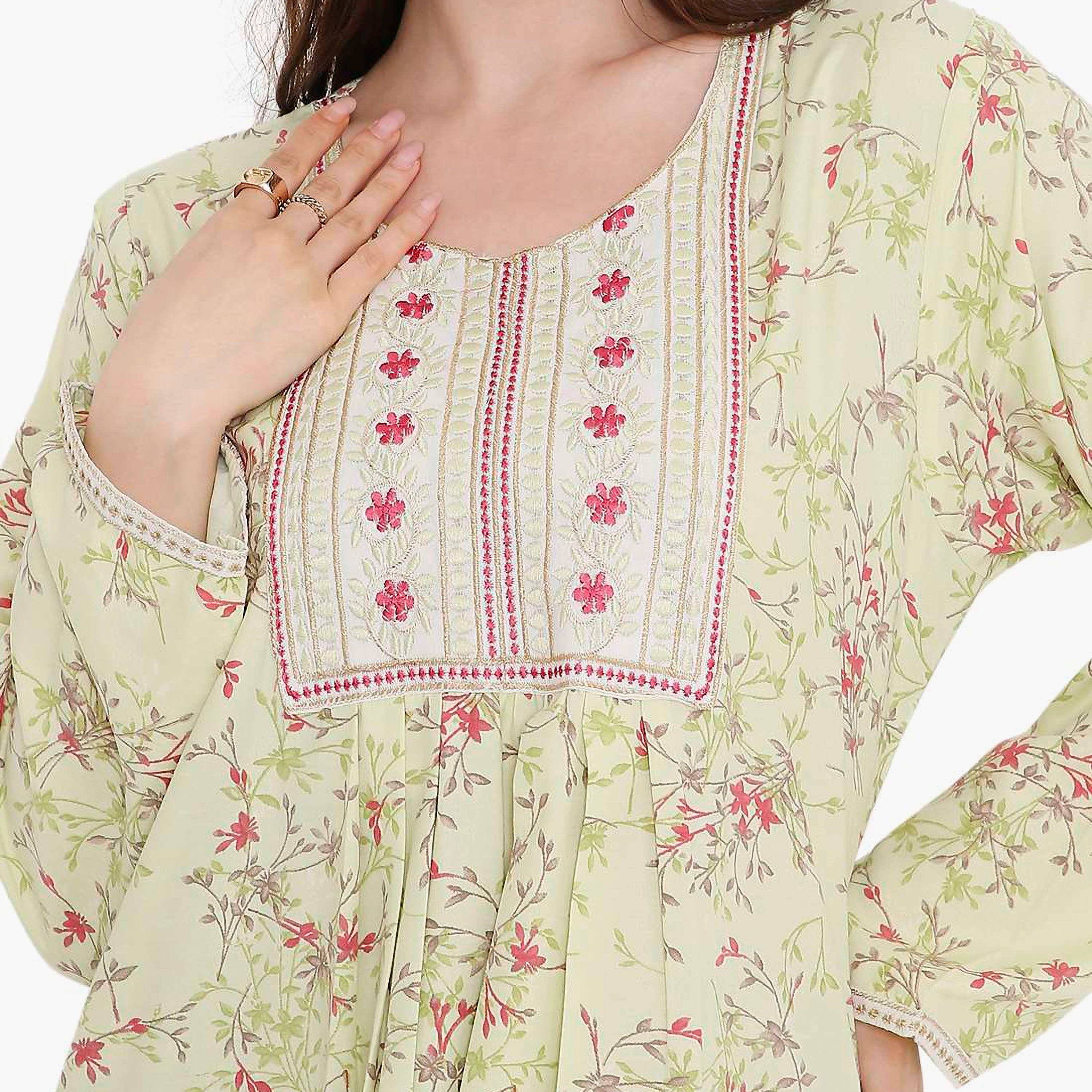 HanaandSara Floral Print and Embroidered Yoke Women's Jalabiya-women-arabicclothing-jalabiyas-image-7