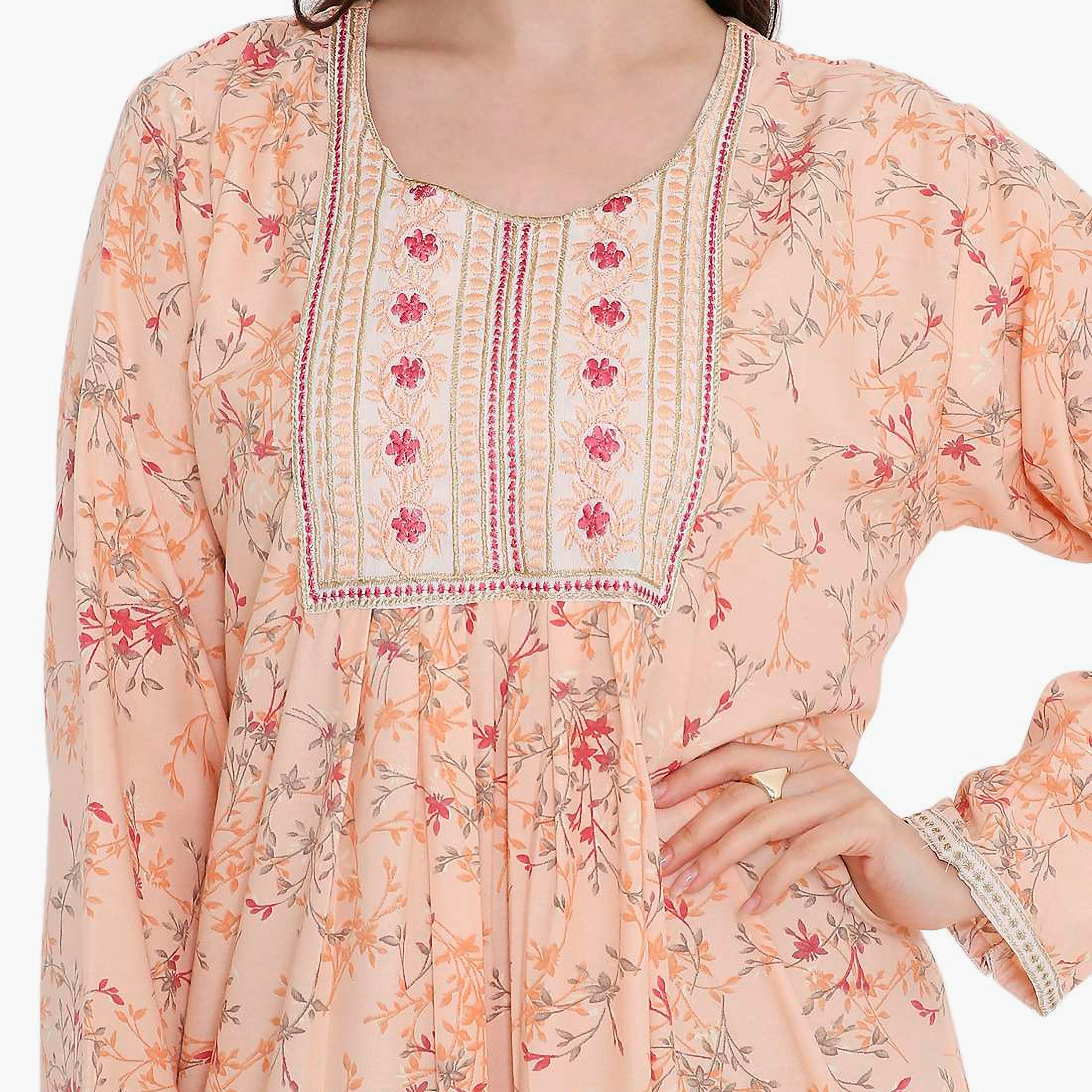 HanaandSara Floral Print and Embroidered Yoke Women's Jalabiya-women-arabicclothing-jalabiyas-image-12