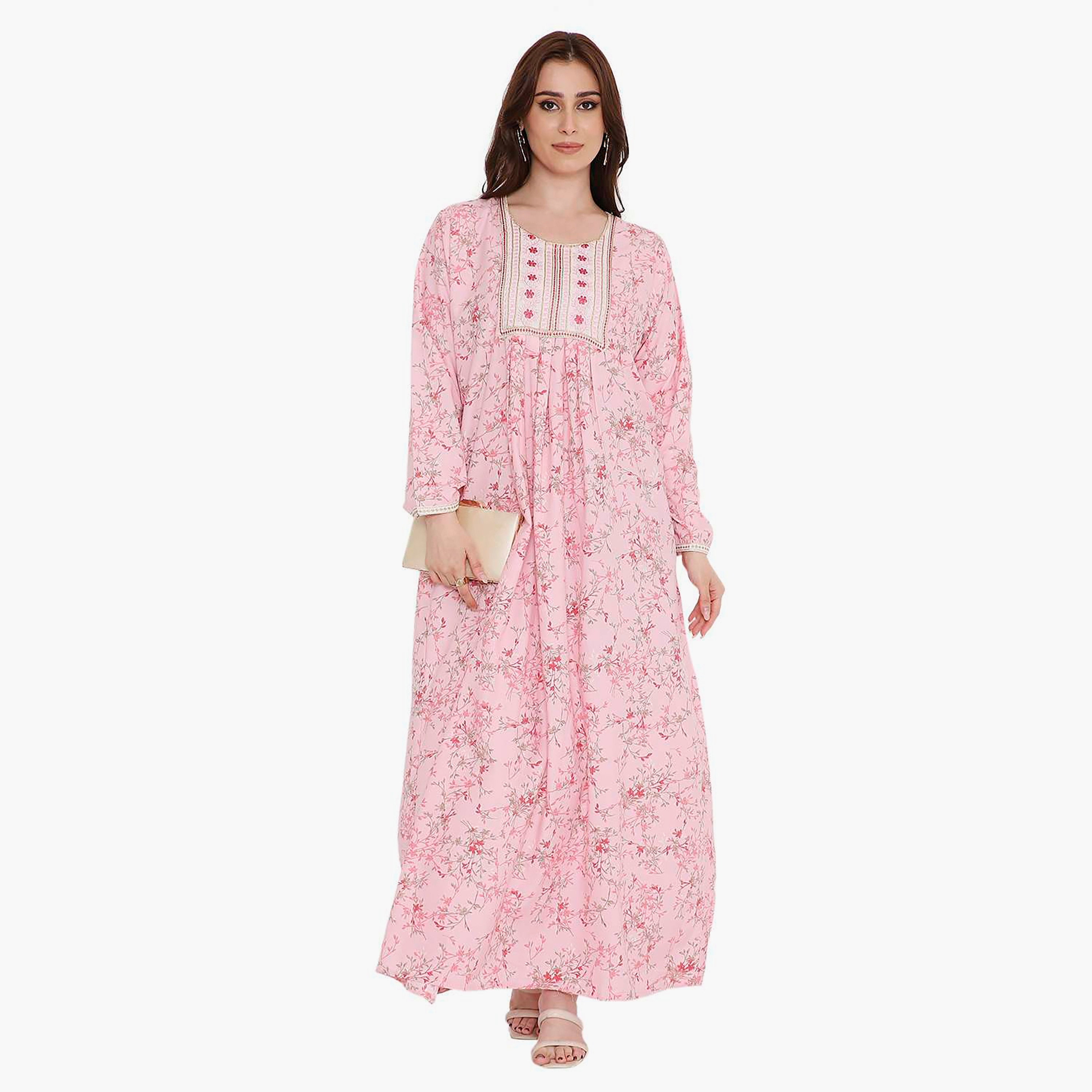 HanaandSara Floral Print and Embroidered Yoke Women's Jalabiya-women-arabicclothing-jalabiyas-image-1