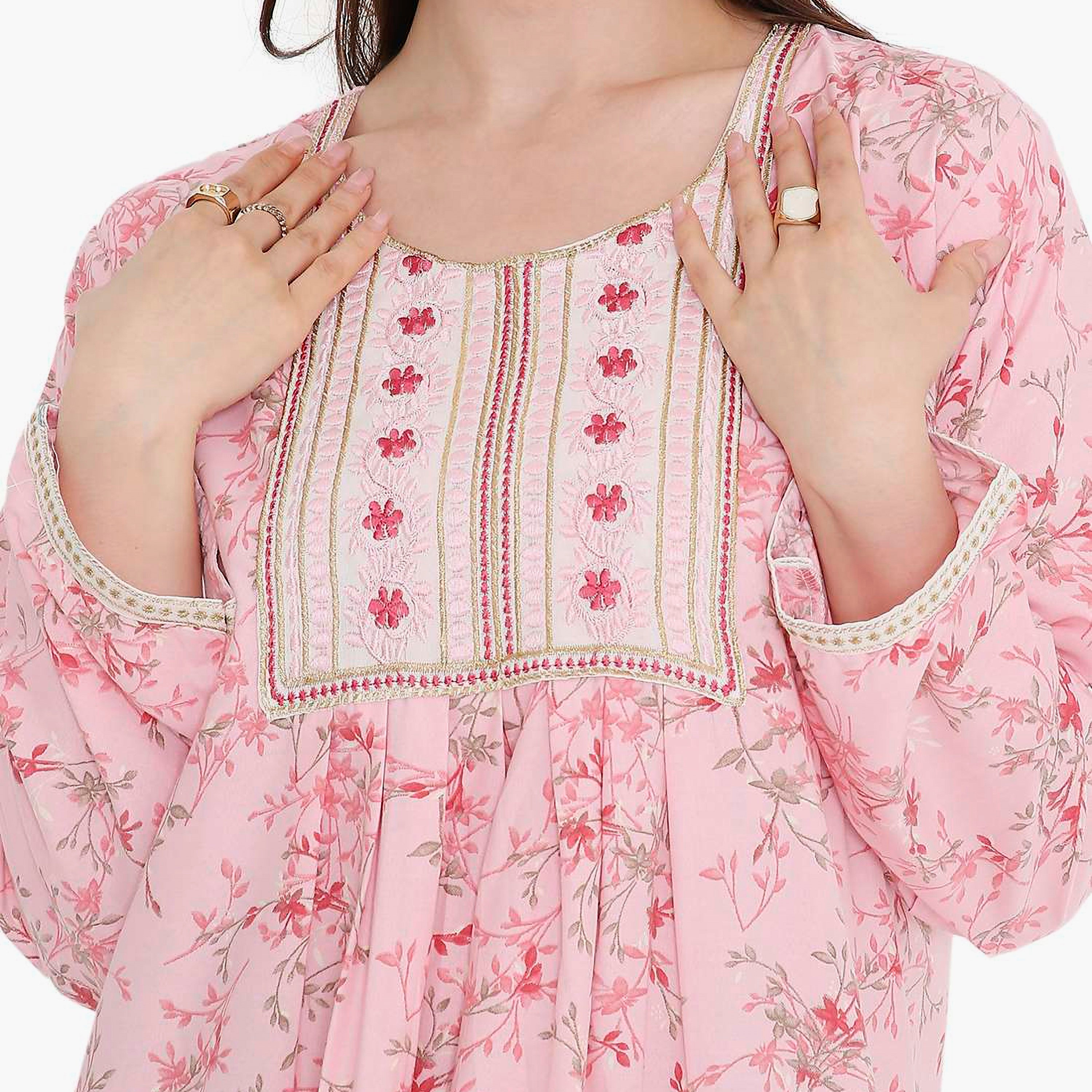HanaandSara Floral Print and Embroidered Yoke Women's Jalabiya-women-arabicclothing-jalabiyas-image-2