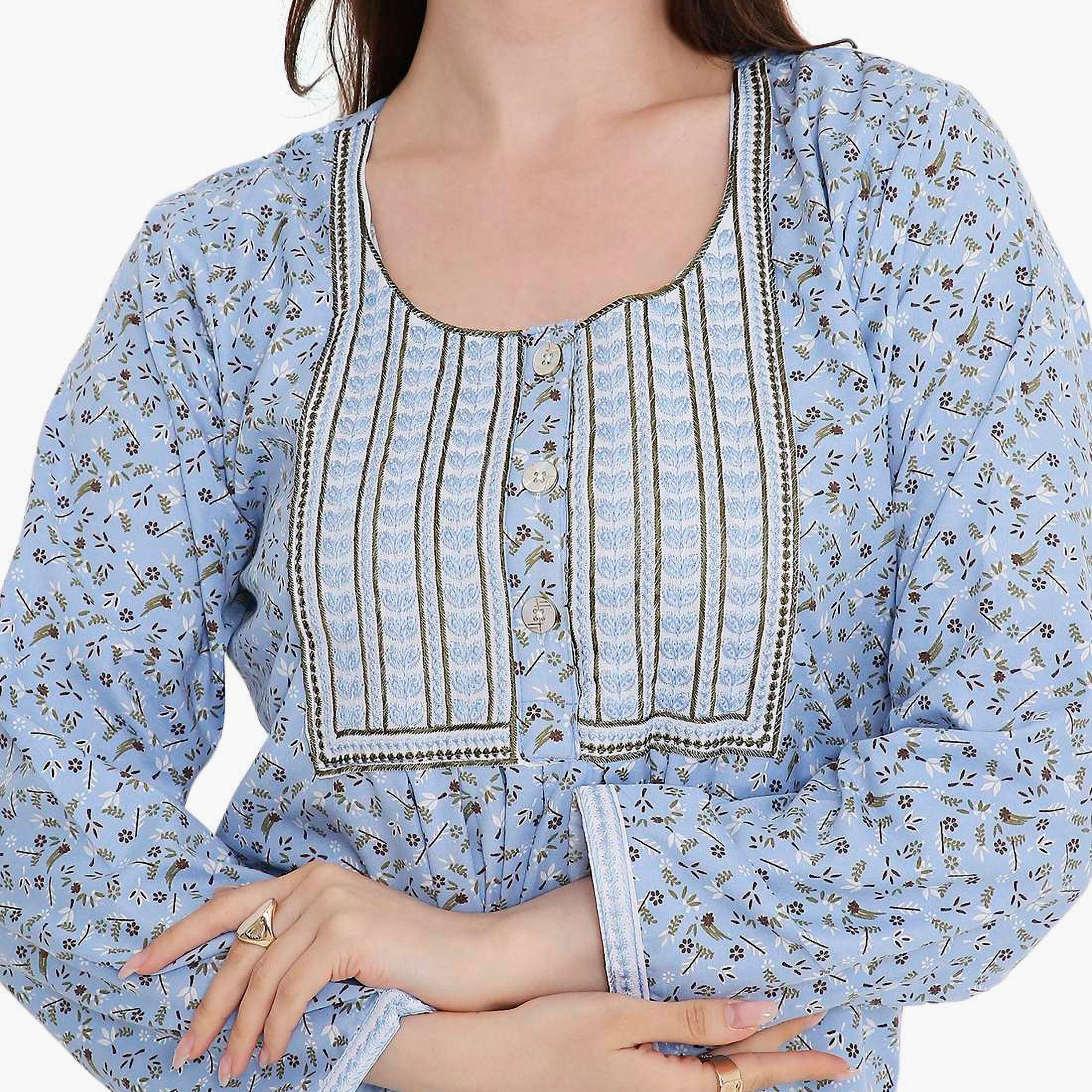 HanaandSara Ditsy Print and Embroidered Yoke Women's Jalabiya-women-arabicclothing-jalabiyas-image-12