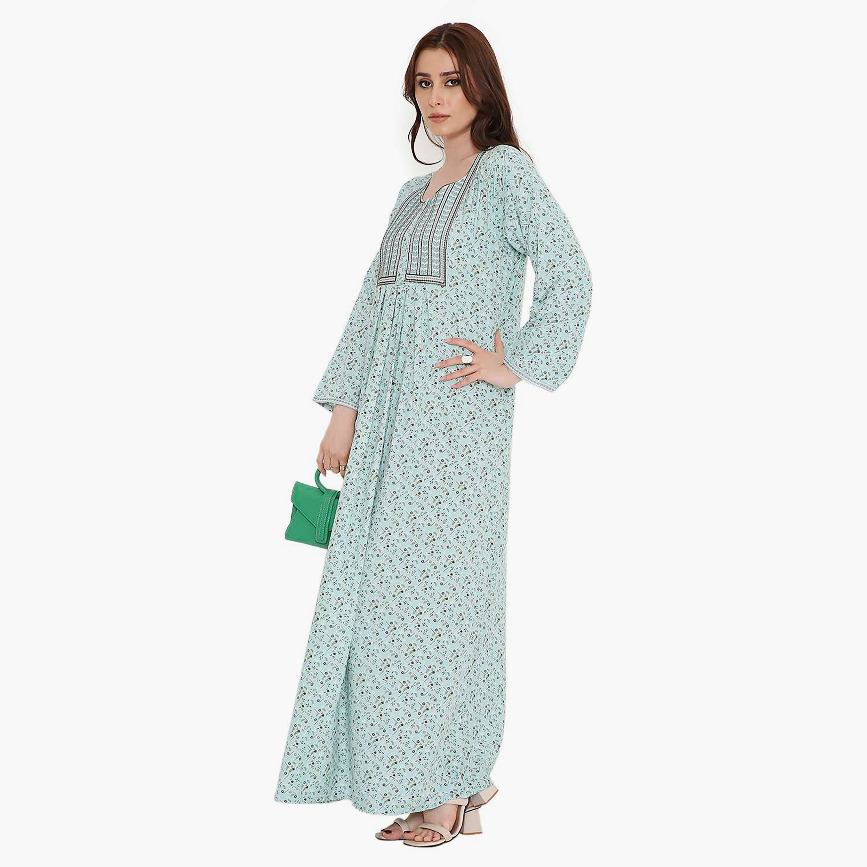 HanaandSara Ditsy Print and Embroidered Yoke Women's Jalabiya-women-arabicclothing-jalabiyas-image-3