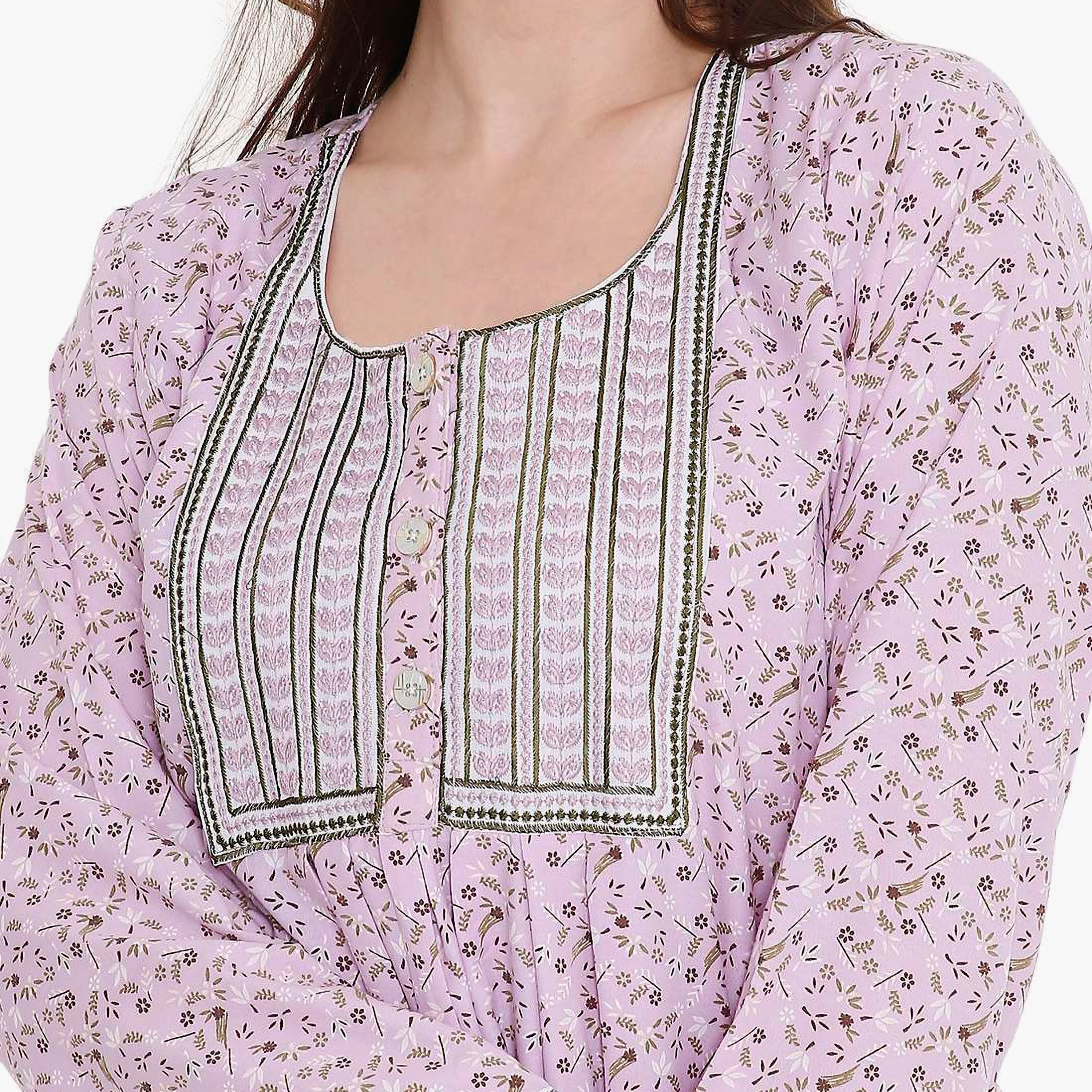 HanaandSara Ditsy Print and Embroidered Yoke Women's Jalabiya-women-arabicclothing-jalabiyas-image-7