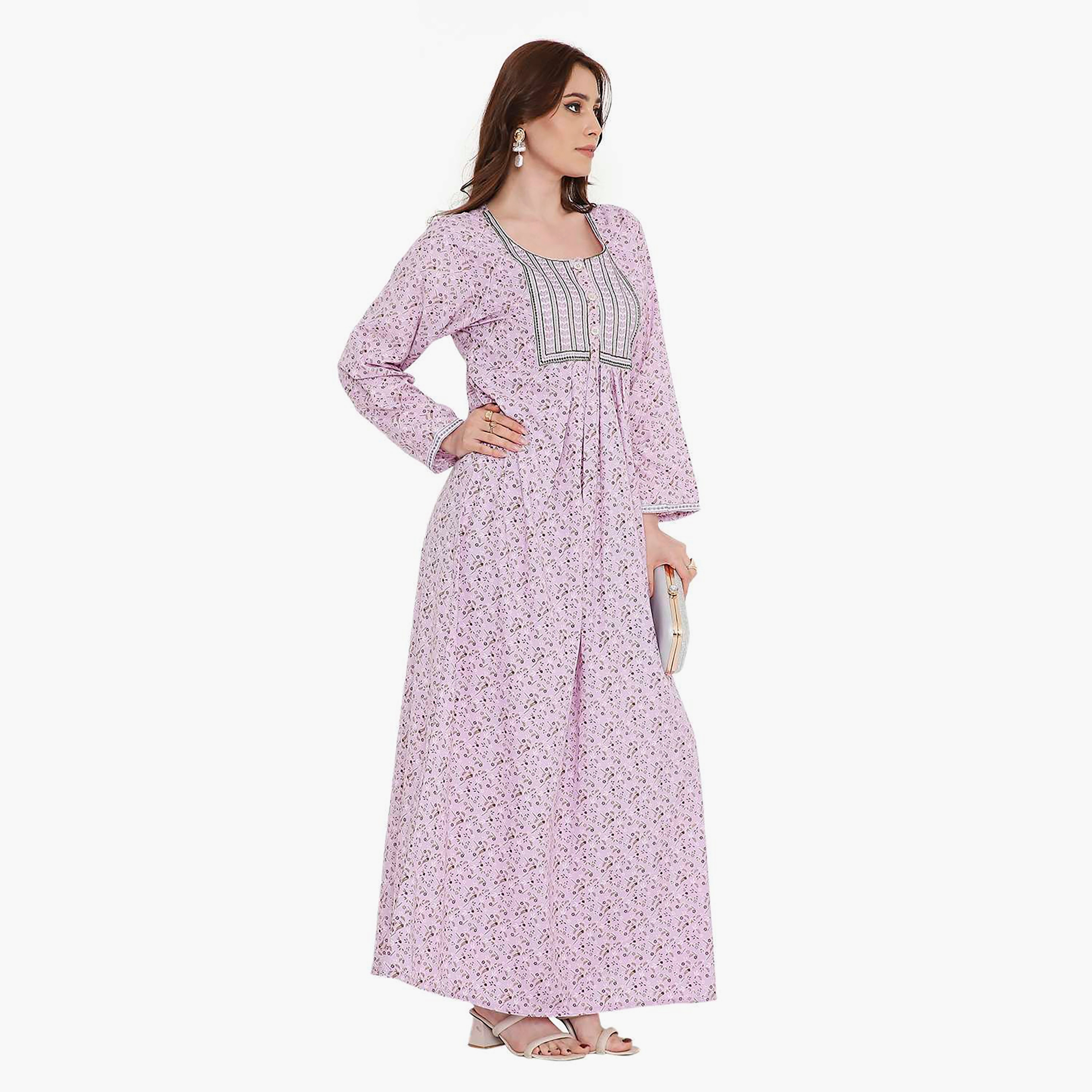 HanaandSara Ditsy Print and Embroidered Yoke Women's Jalabiya-women-arabicclothing-jalabiyas-image-9