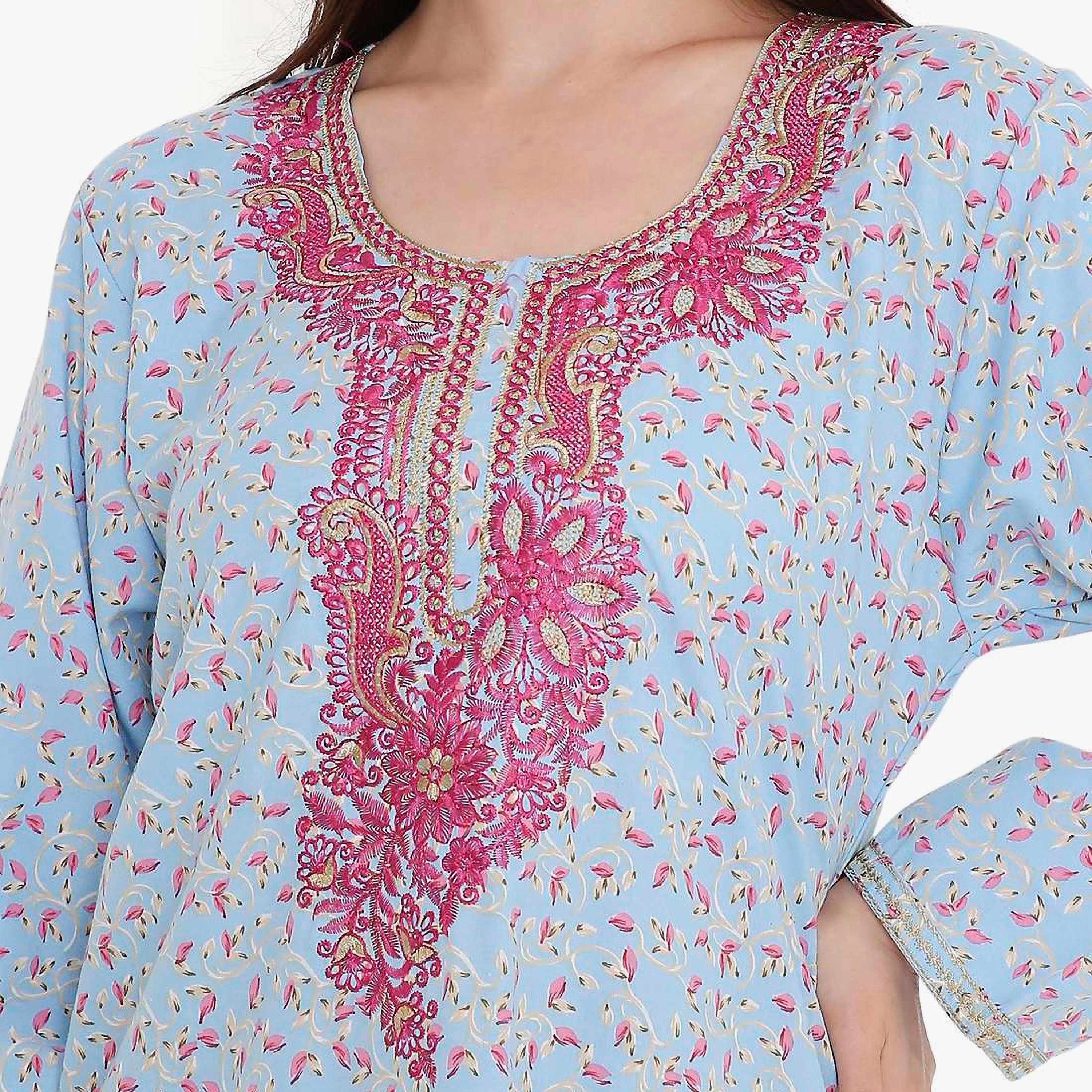 HanaandSara Scattered Print and Embroidered Yoke Women's Jalabiya-women-arabicclothing-jalabiyas-image-7