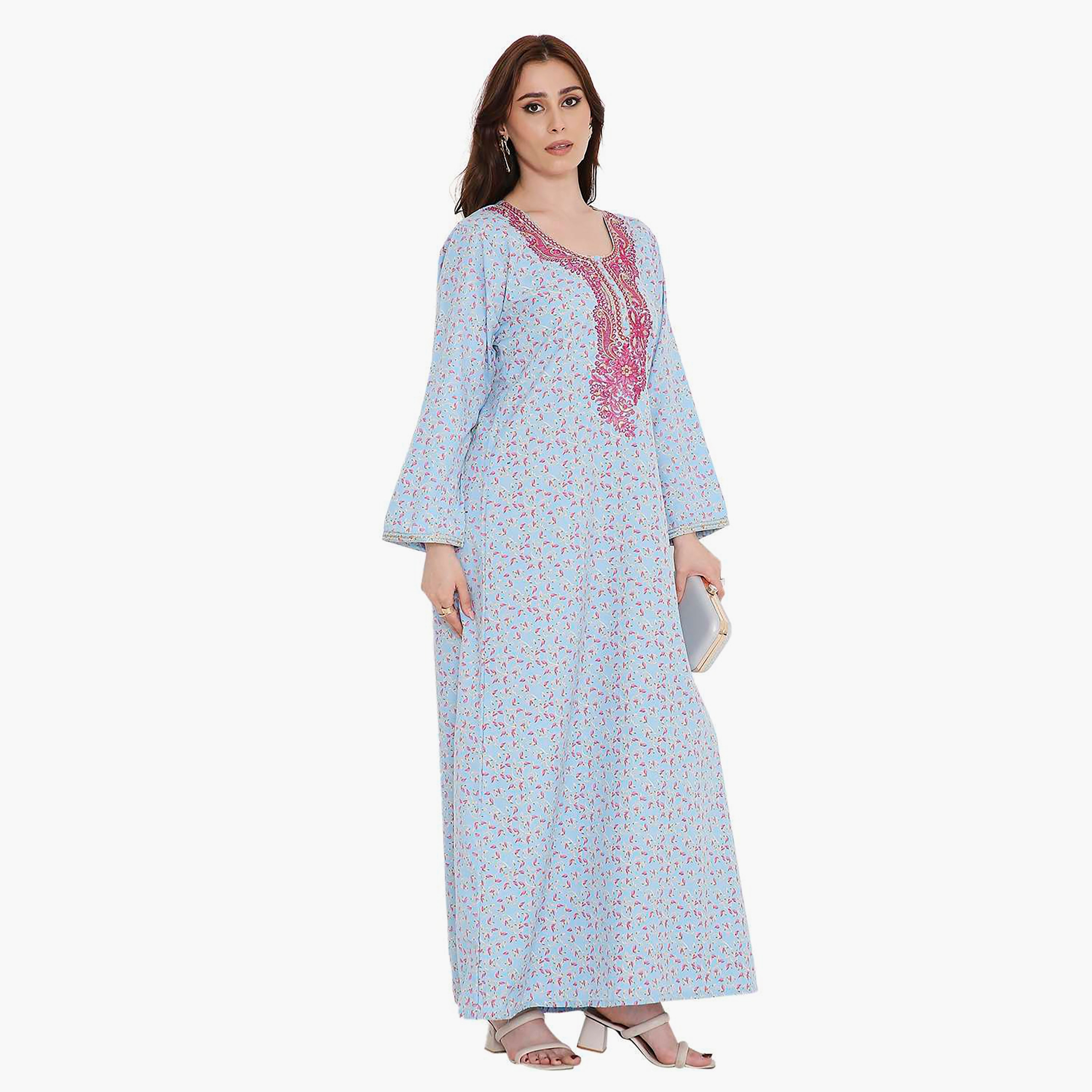 HanaandSara Scattered Print and Embroidered Yoke Women's Jalabiya-women-arabicclothing-jalabiyas-image-9