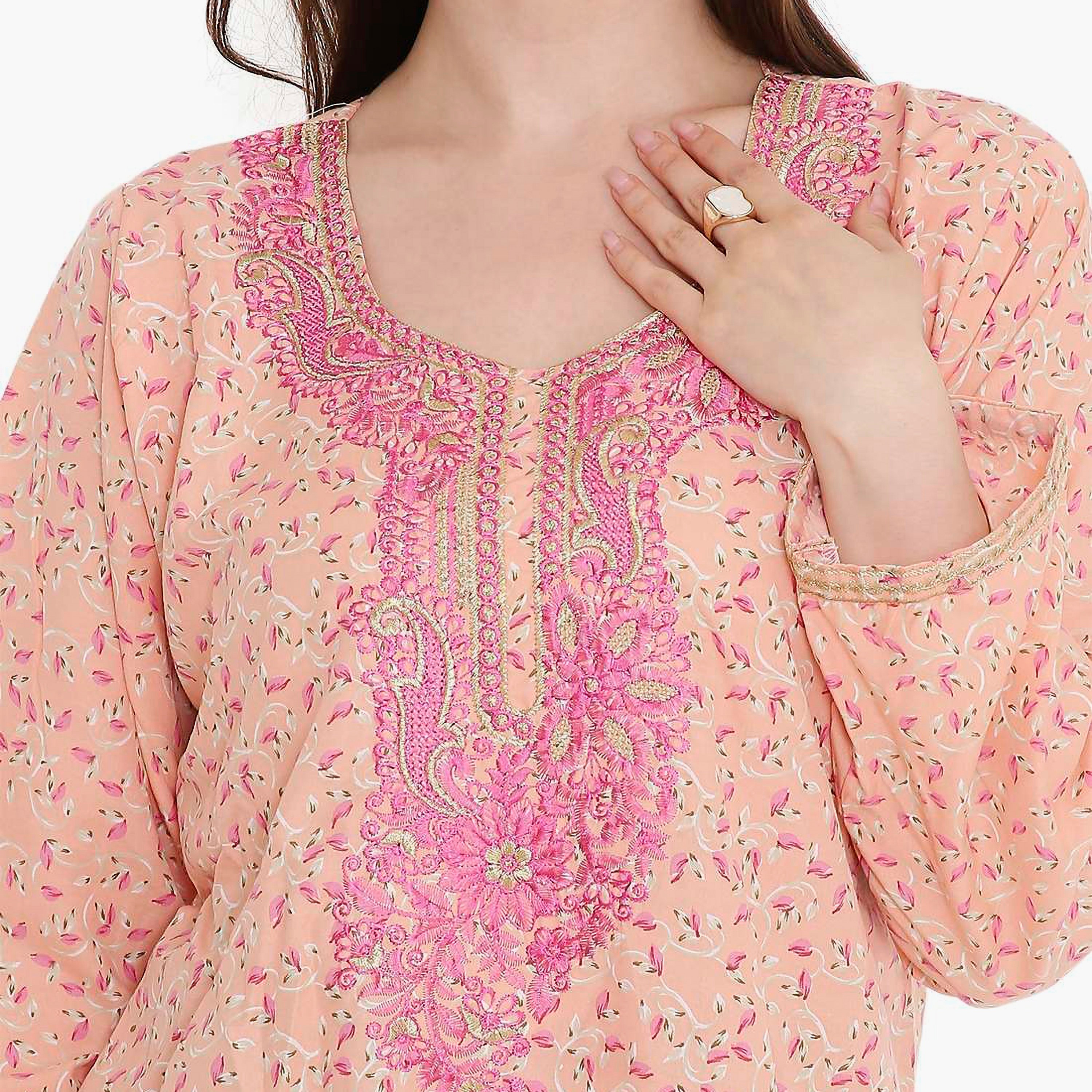 HanaandSara Scattered Print and Embroidered Yoke Women's Jalabiya-women-arabicclothing-jalabiyas-image-2
