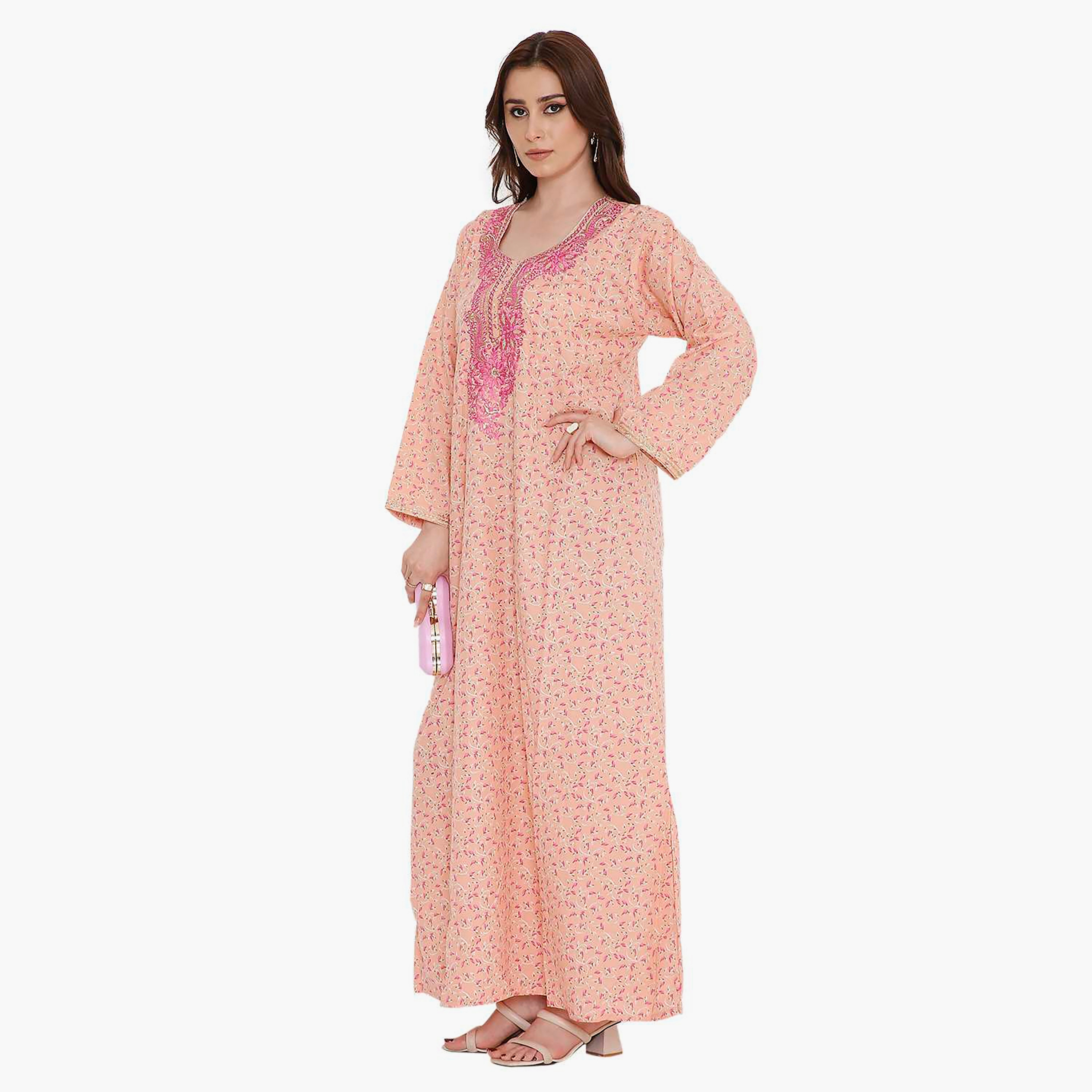 HanaandSara Scattered Print and Embroidered Yoke Women's Jalabiya-women-arabicclothing-jalabiyas-image-3