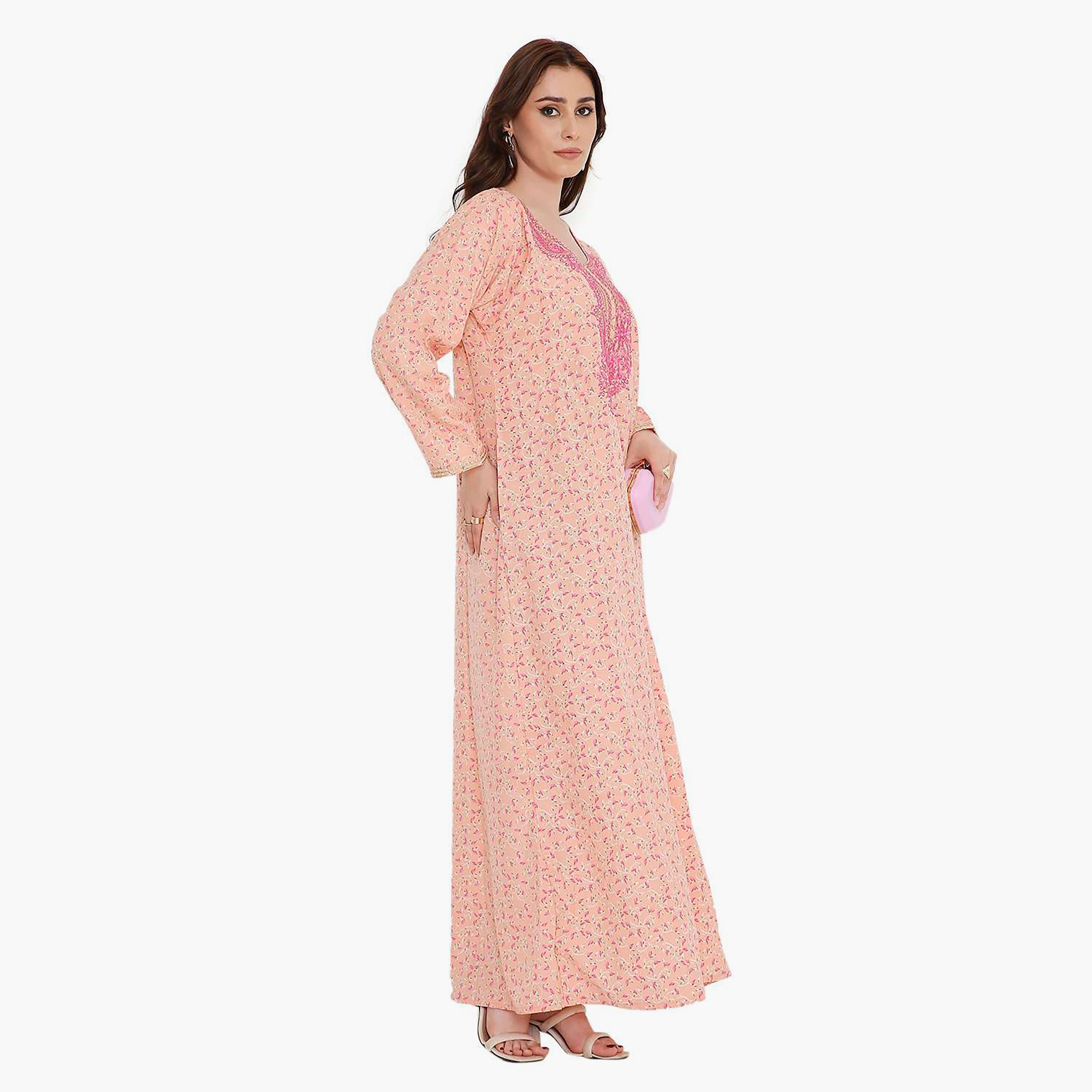 HanaandSara Scattered Print and Embroidered Yoke Women's Jalabiya-women-arabicclothing-jalabiyas-image-4