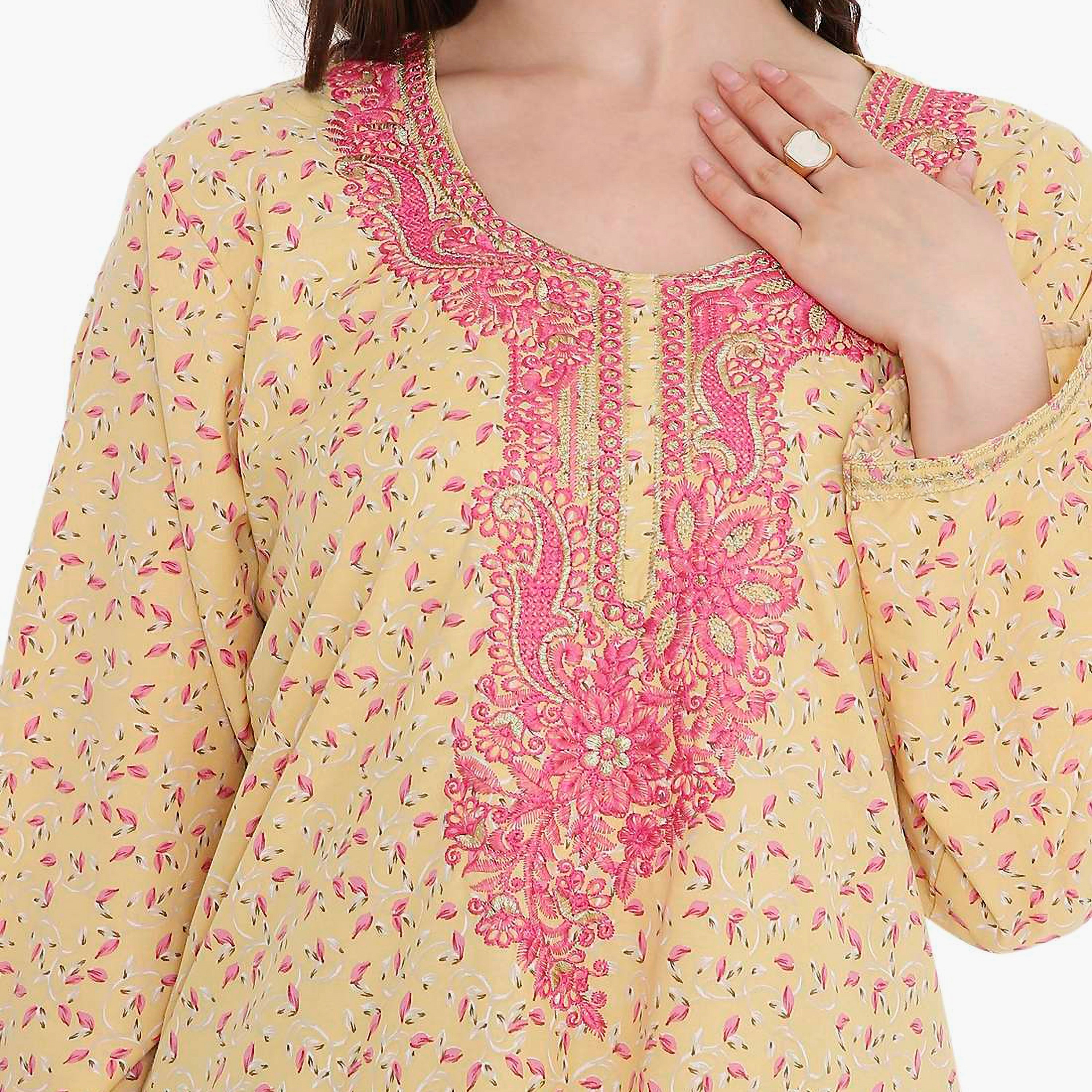 HanaandSara Scattered Print and Embroidered Yoke Women's Jalabiya-women-arabicclothing-jalabiyas-image-12
