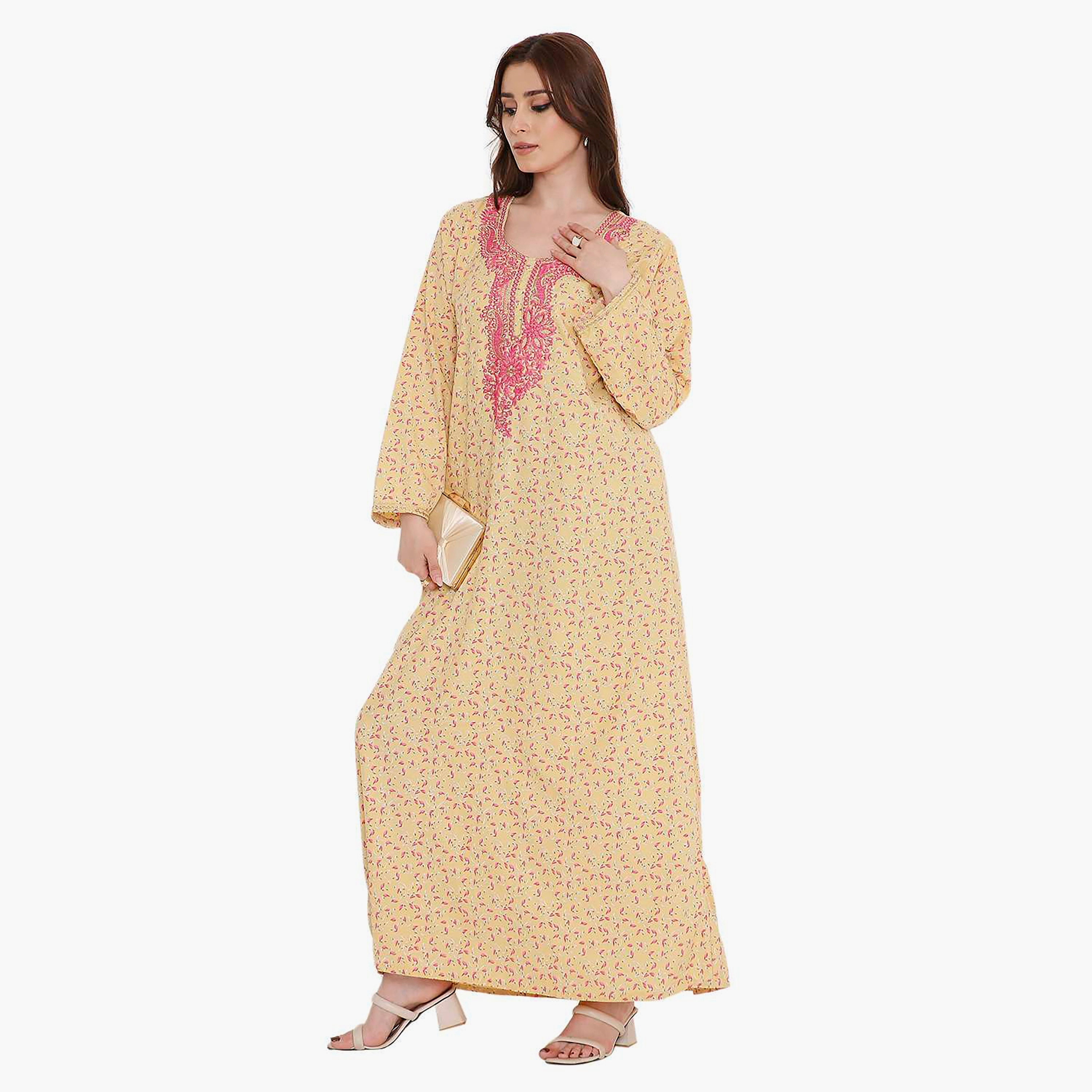 HanaandSara Scattered Print and Embroidered Yoke Women's Jalabiya-women-arabicclothing-jalabiyas-image-13