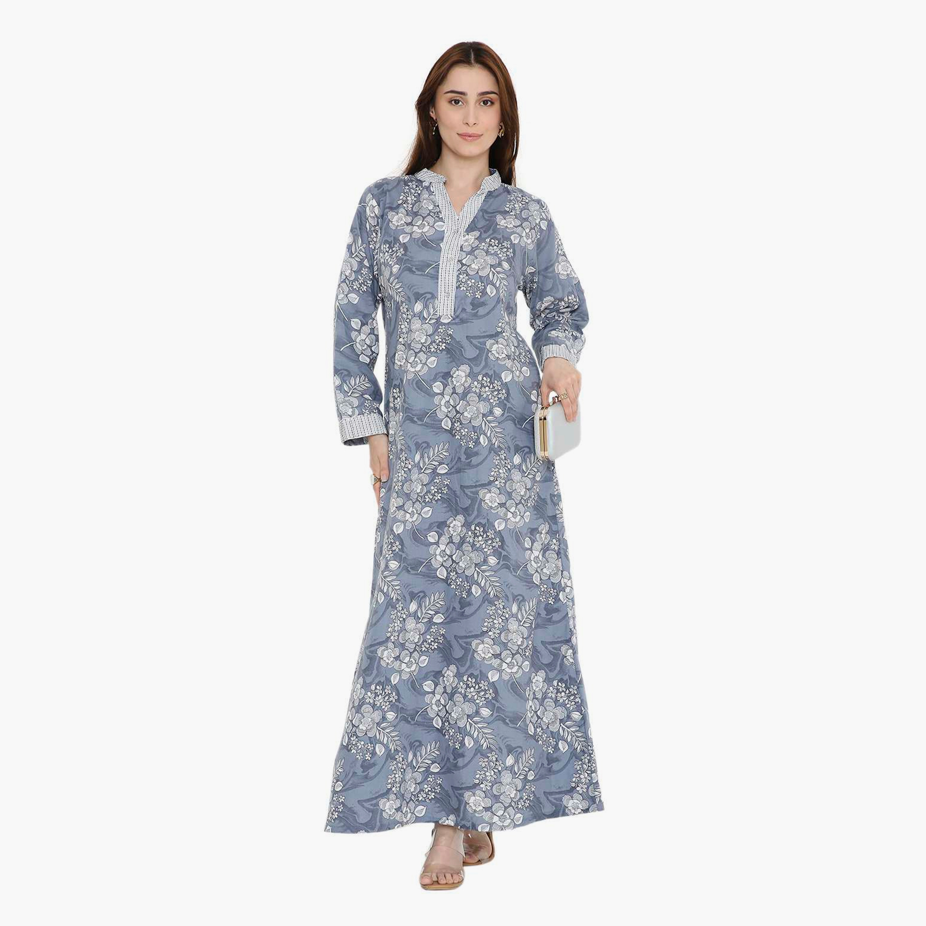 جلابية نسائية بطبعة زهور وياقة صينية من هنا أند سارة-women-arabicclothing-jalabiyas-image-11